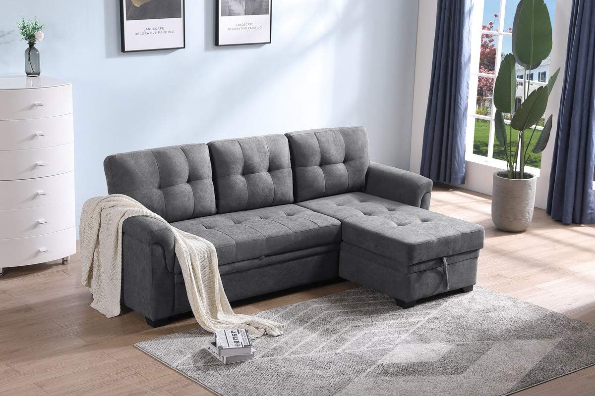 Lilola Home Connor Gray Fabric Reversible Sectional Sleeper Sofa Chaise with Storage