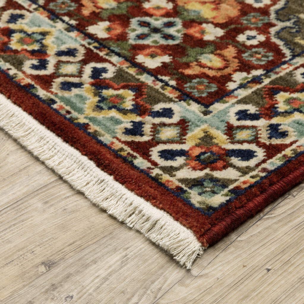 HomeRoots 509274 10 x 13 ft. Red Rust Navy Light Blue Brown Orange Ivory & Gold Oriental Power Loom Stain Resistant Rectangle Area Rug with Fringe