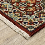 HomeRoots 509274 10 x 13 ft. Red Rust Navy Light Blue Brown Orange Ivory & Gold Oriental Power Loom Stain Resistant Rectangle Area Rug with Fringe