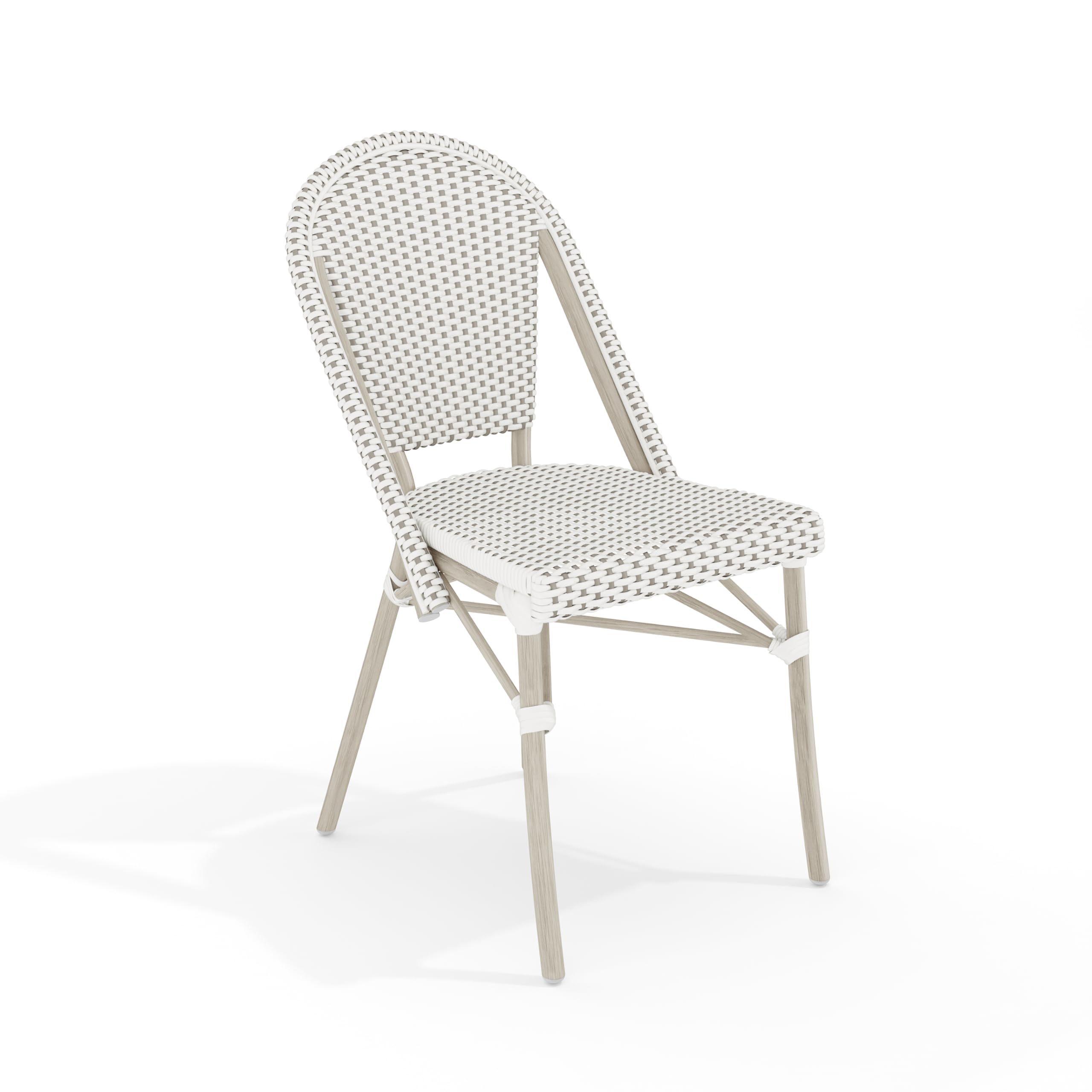 Martha Stewart Lily Pond Indoor-Outdoor Stackable Aluminum Bistro Chair with Gray Woodgrain Frame Finish and White/Gray Woven Ra