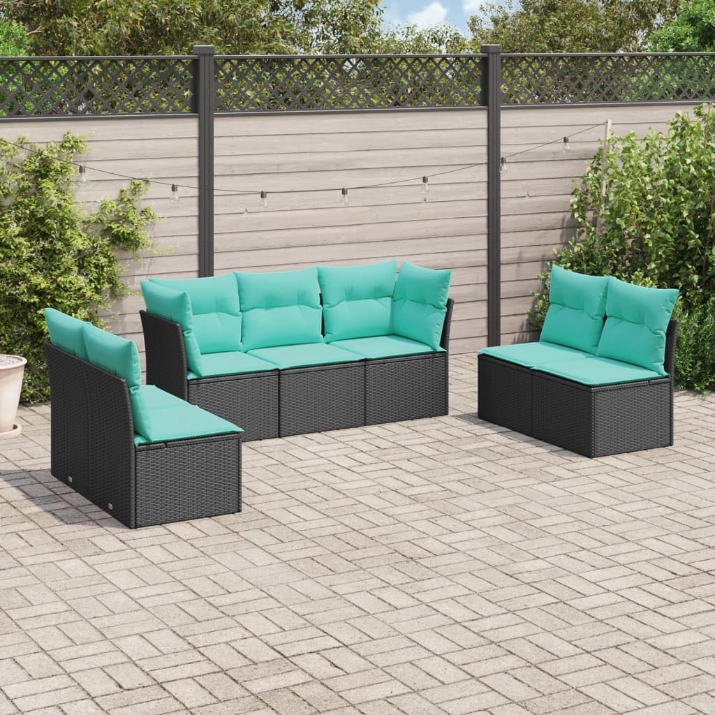 vidaXL Patio Sofa Set with Cushions - 7 Piece Modular Outdoor Furniture - Black Poly Rattan, Blue Cushions - Weather-Resistant Garden Lounge - Assembly Required