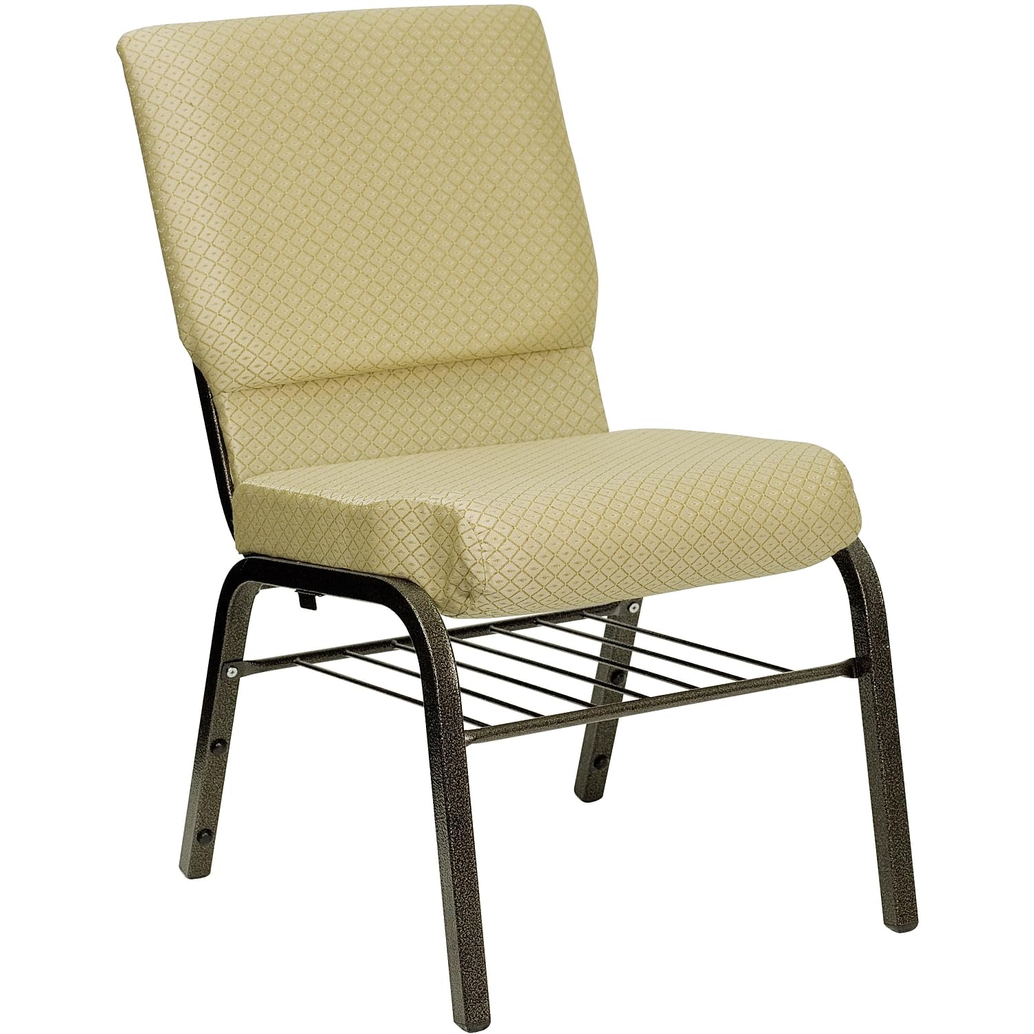 4 Pk. 18.5W Beige Patterned Fabric Church Chair, Book Rack - Gold Vein Frame