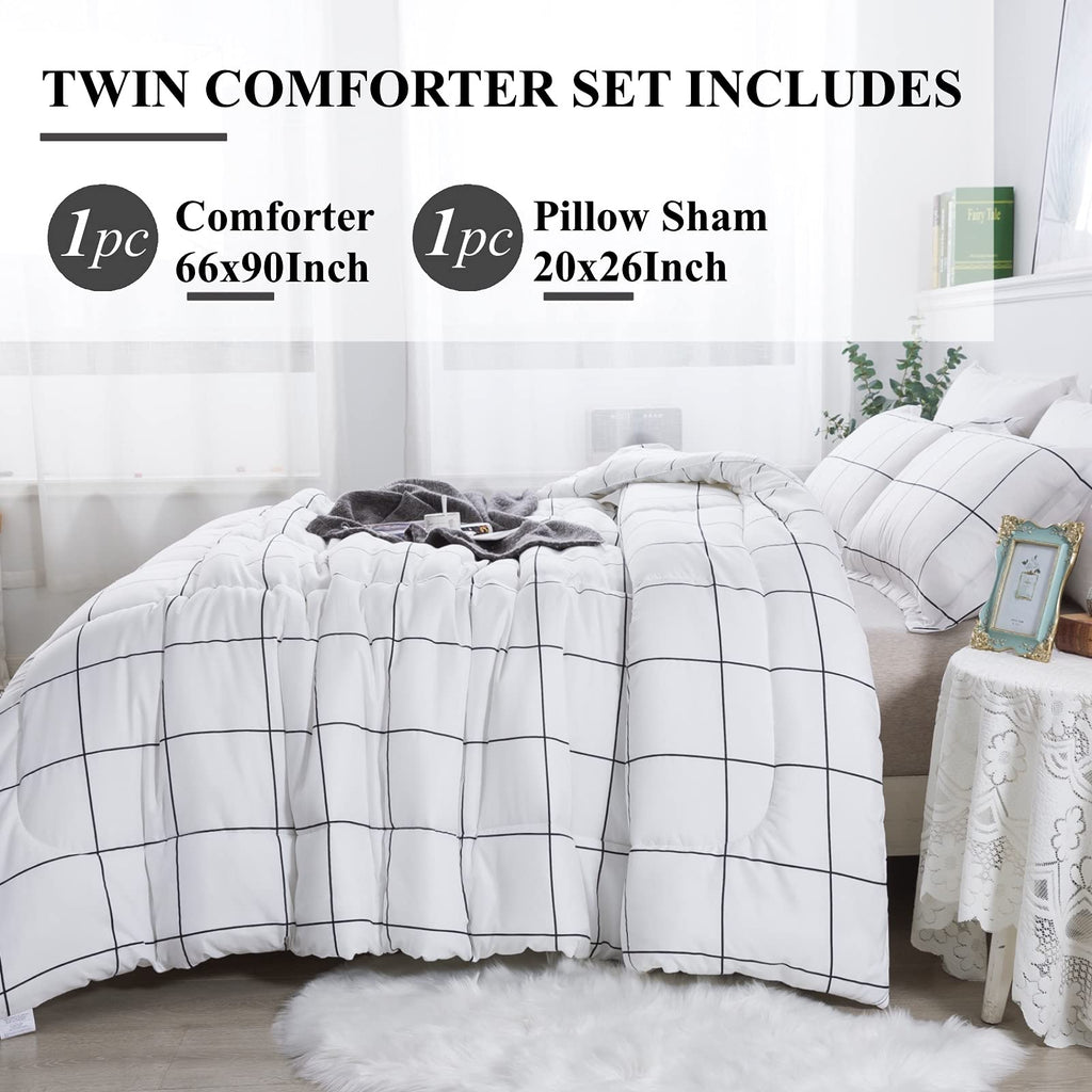 Andency White Grid Comforter Set Twin(66X90Inch), 2 Pieces (1 Plaid Comforter And 1 Pillowcase) White Plaid Comforter Set, Light