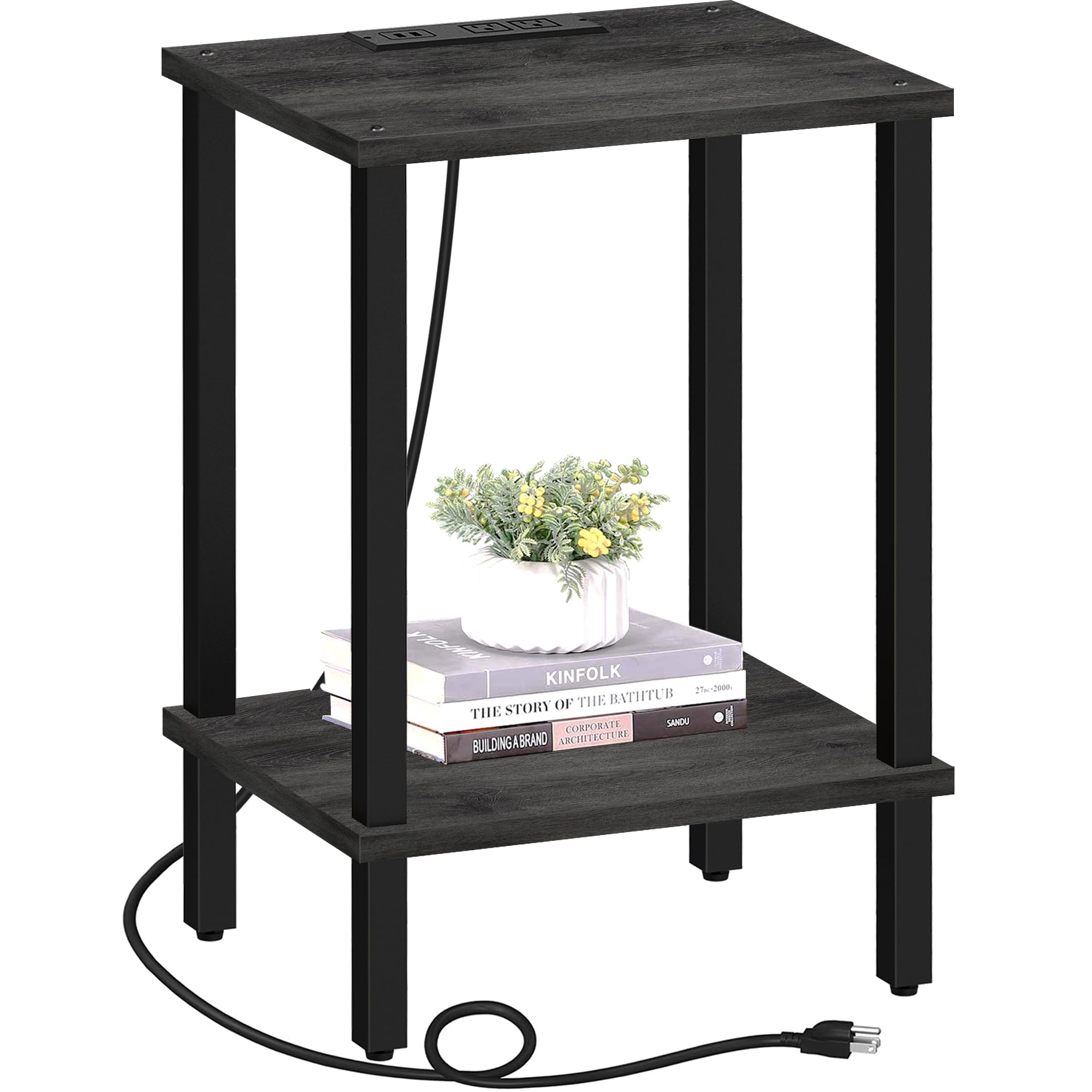 Tutotak End Table With Charging Station, Small Side Table With Outlets, Nightstand Bedside Table, 2-Tier Storage Shelf For Small Space, Living Room, Bedroom, Charcoal Grey Tb01By040