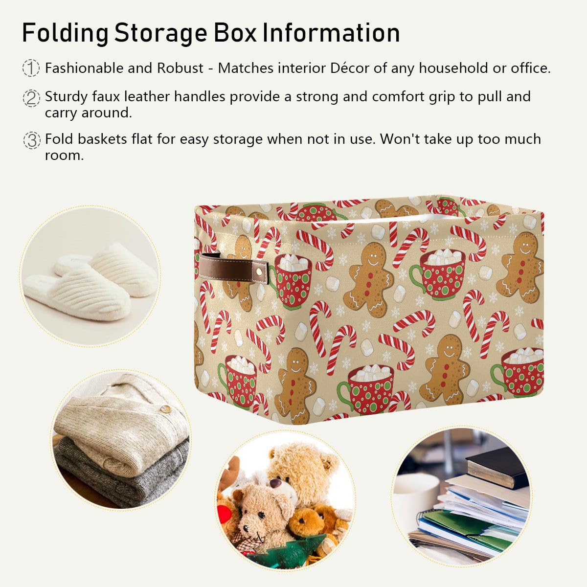 Christmas Gingerbread Man Storage Basket Fabric Kitchen Baskets Xmas Candy Cane Winter Snowflake Open Home Storage Bins Boxes Fo