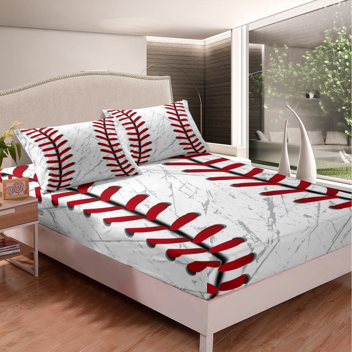 Erosebridal Baseball Bed Sheets For Boys,Red White Baseball Sheet Set For Kids,Grunge Ball Print Bedding Set,Sports Game Fitted