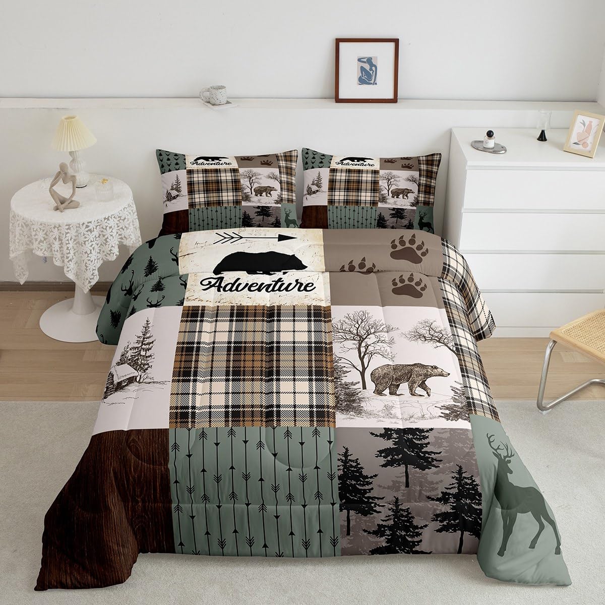 Rustic Farmhouse Kids Comforter Set Full Size,Deer Antlers Bear Paws Plaids Patchwork Bedding Set For Boys Girls Adults Room Dec