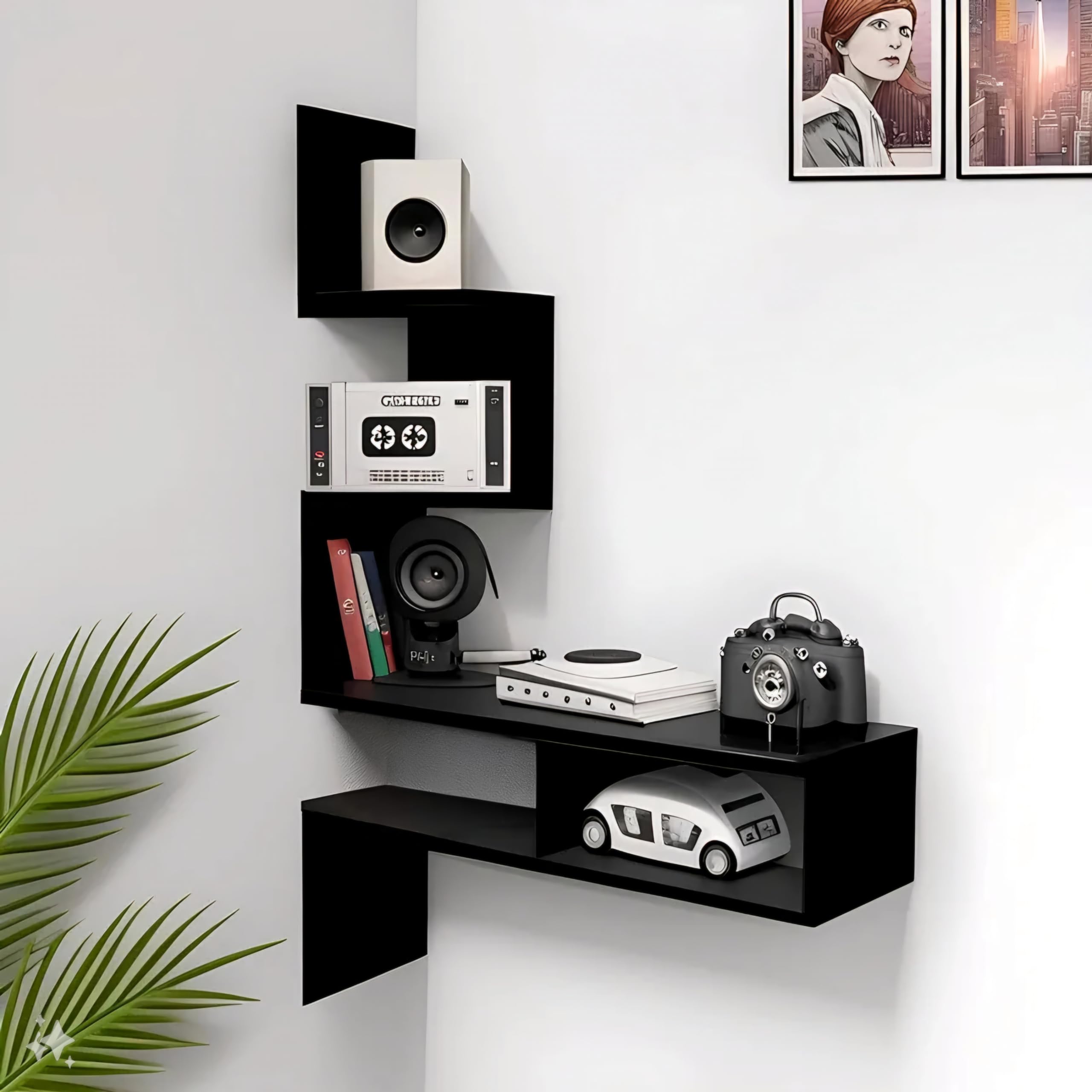 Dime Store Wooden Wall Shelves | Corner Hanging Shelf For Living Room Stylish | Zig Zag Home Decor Floating Display Rack Storage