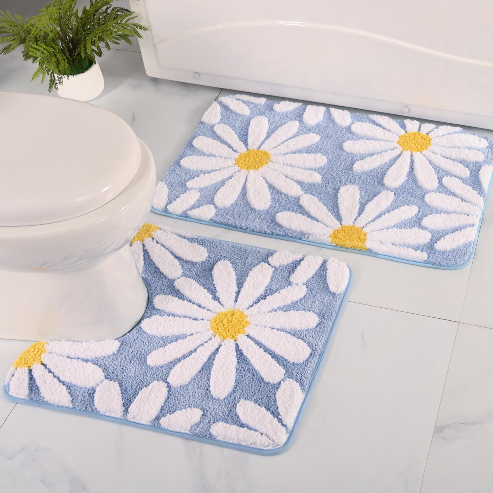 QJHOMO Bathroom Rugs Set 2 Piece, Cute Daisy Bath Mat Blue Toilet Rug U Shaped, Flower Deocr Bathroom Set Non Slip Contour Bathm
