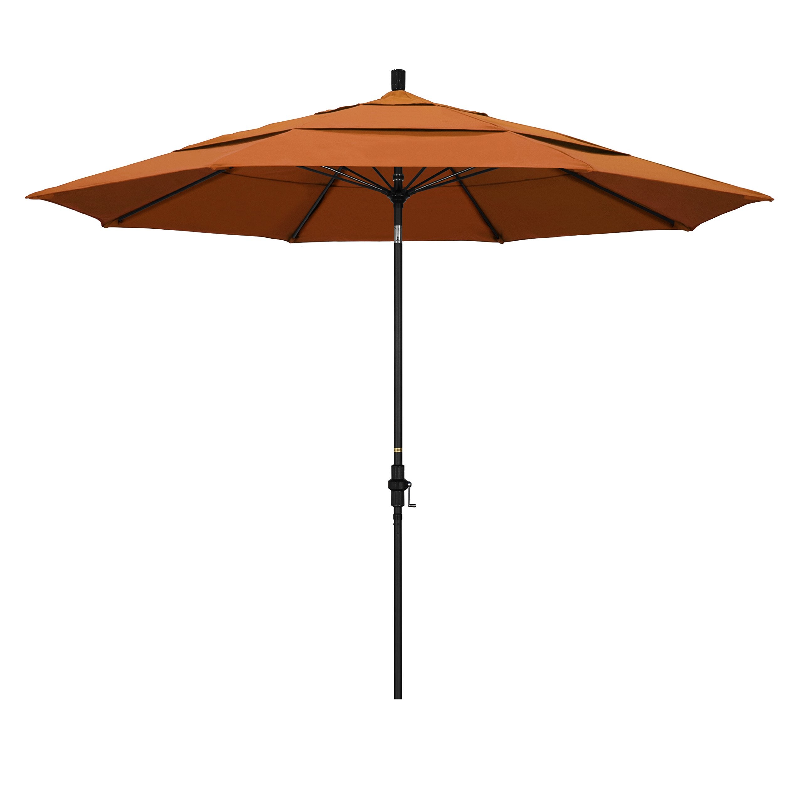 California Umbrella 11' Round Aluminum Pole Fiberglass Rib Patio Umbrella, Crank Lift, Collar Tilt, Black Pole, Sunbrella Tuscan
