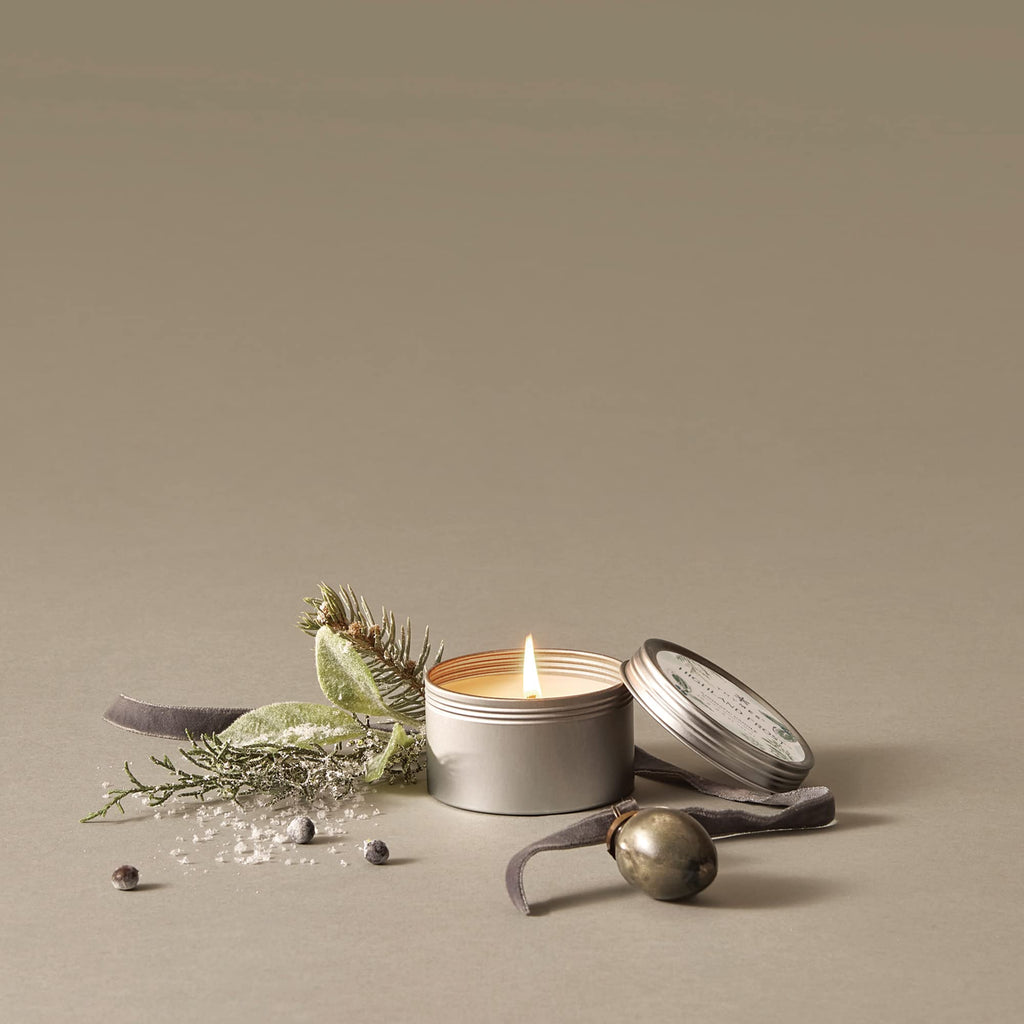 Thymes Highland Frost Travel Tin Candle - Petite Scented Candle With Sage, Eucalyptus, & Cypress Needle Home Fragrance - Silver
