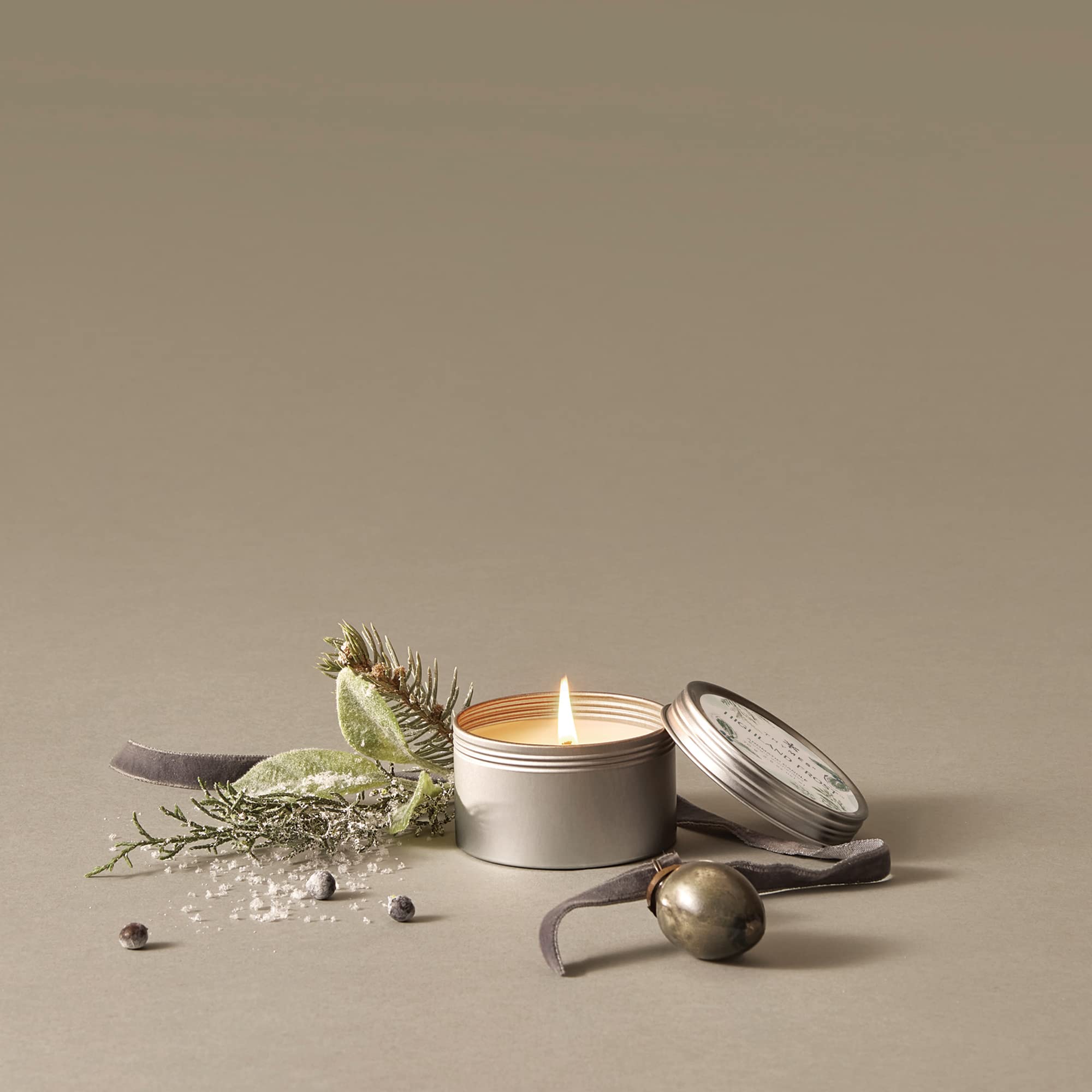 Thymes Highland Frost Travel Tin Candle - Petite Scented Candle With Sage, Eucalyptus, & Cypress Needle Home Fragrance - Silver