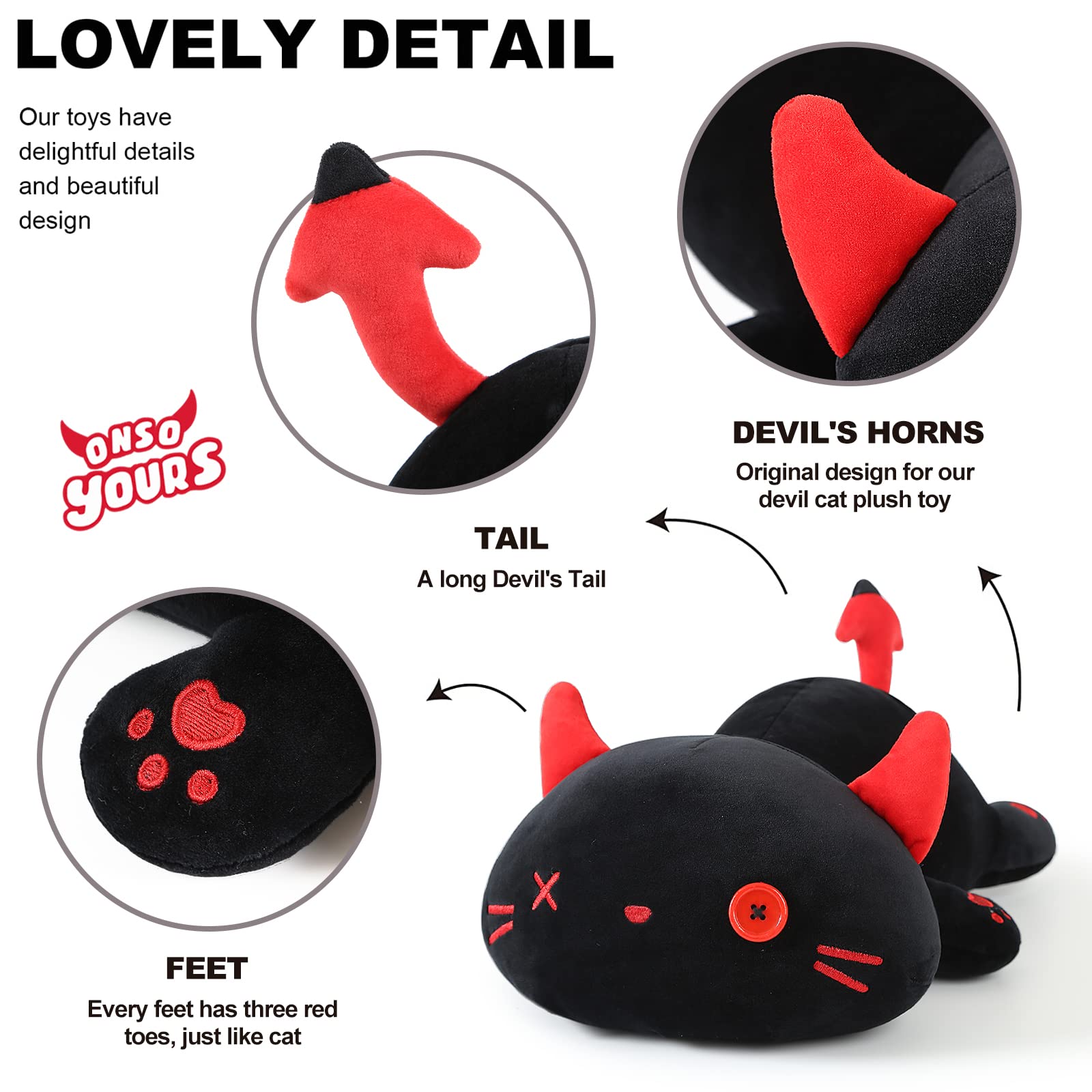 Onsoyours Cute Kitten Plush Toy Stuffed Animal Black Kitty Soft Anime Cat Plush Pillow For Kids (Devil Cat, 12')