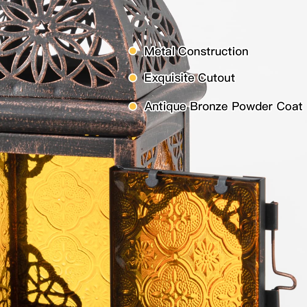 DECORKEY Candle Lantern - Vintage Moroccan 12'' Amber Glass & Black Metal Hanging/Tabletop Decor for Indoor/Outdoor Use