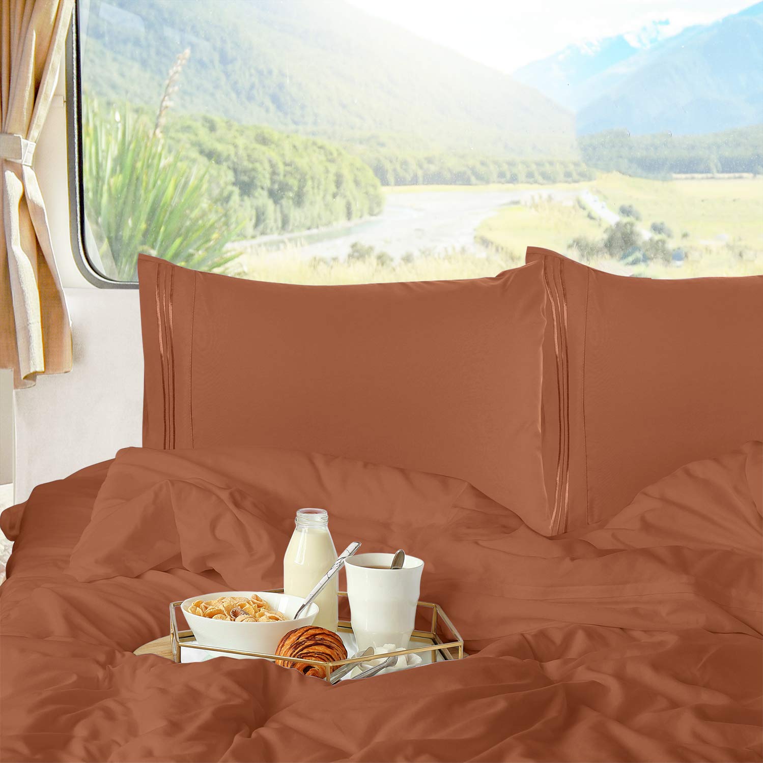 Nestl Rust Rv Queen Sheets – Super Soft Rv Short Queen Sheets For Rv Camper, 4 Piece 1800 Microfiber Fitted Rv Sheets, Double Brushed Rv Bed Sheets Set, Camper Sheets And Pillowcases