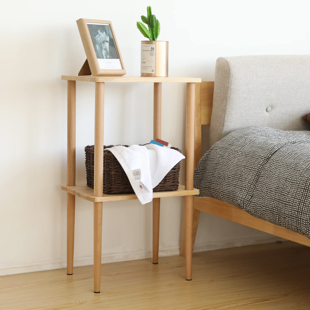 exilot Solid Wood Side Table, 2-Tier End Table with Storage Shelves, Tall Nightstand Bedside Table for Living Room Bedroom Offic