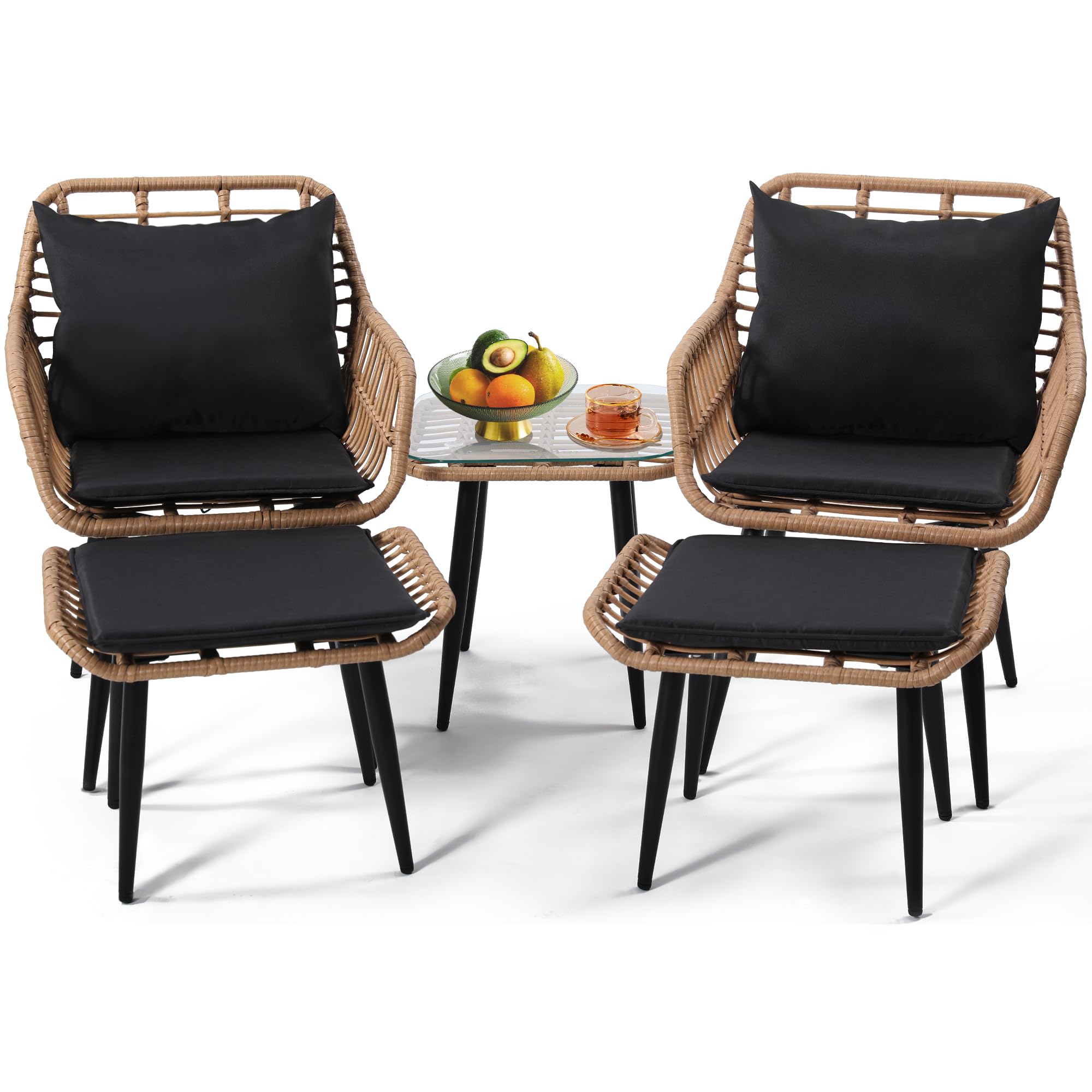 Krofem 5 Piece Wicker Bistro Patio Conversation Furniture Set, Includes 2 Chairs, 2 Ottomans, And Side Table, Ideal For Porch, Balcony, Deck, Backyard, Natural