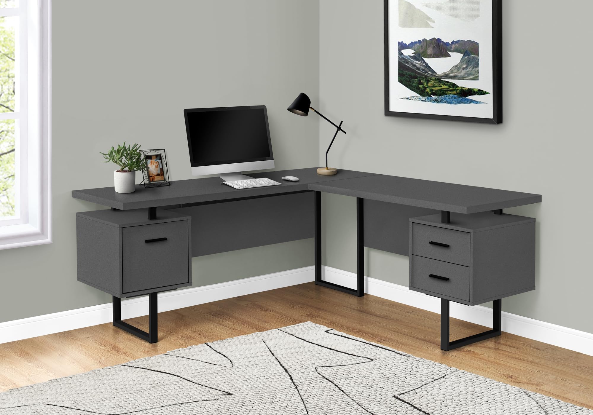Monarch Specialties 7615 Computer Desk, Home Office, Corner, Left, Right Set-Up, Storage Drawers, 70&quot; Shape, Work, Laptop, Metal, Laminate, Grey, Black Desk-70 L Modern R, 71&quot; L X 71&quot; W X 30&quot; H