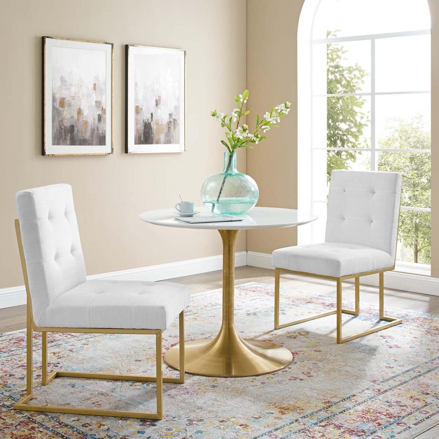 Modway Privy Stainless Steel Upholstered Fabric Dining Accent Chair Set Of 2, Gold White
