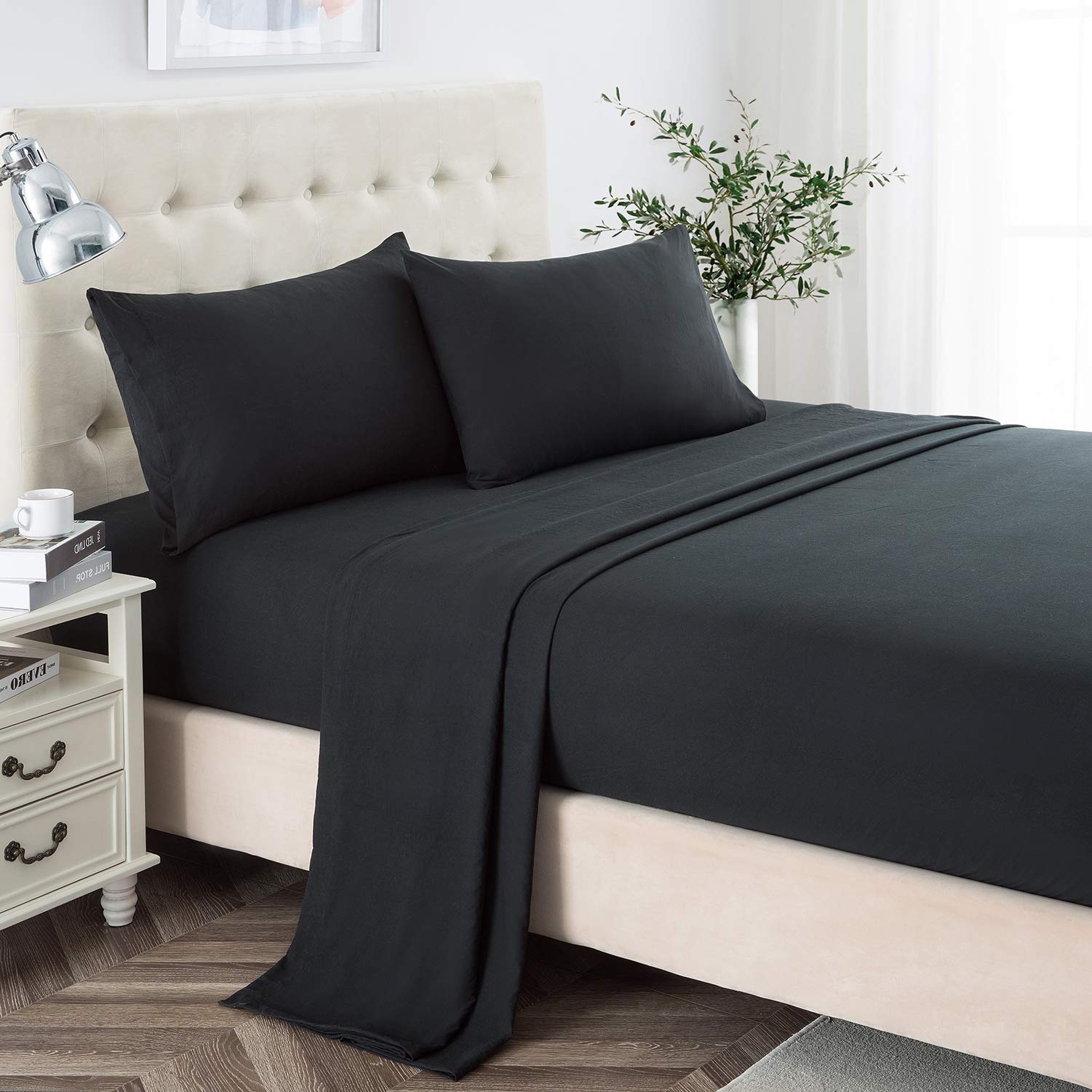 Lanest Housing Twin Sheets Sets, 2400 Thread Count Soft Deep Pocket Microfiber Sheets, 3 Pieces Black Bedding Sheets & Pillowcas