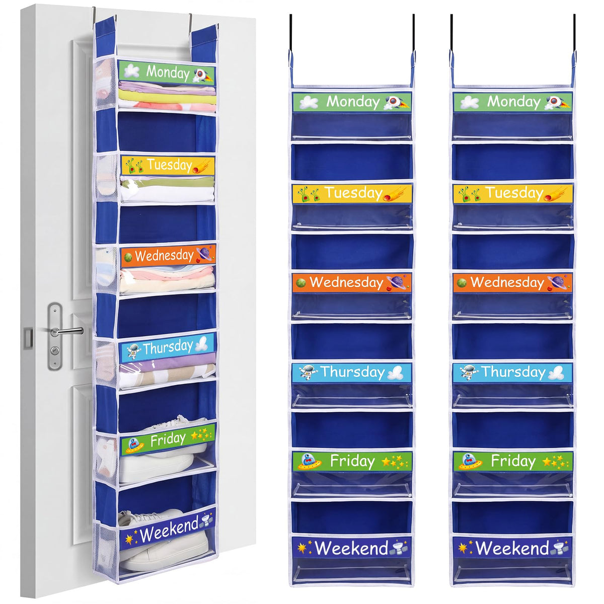 Yoojahow 2 Pack Kid Weekly Over the Door Organizer, Dark Blue, Space