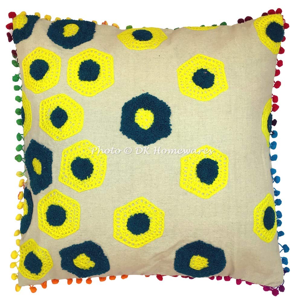 Dk Homewares Cotton Decorative Embroidered Sofa Cushion Covers 16 By 16 Geometrical Suzani Green Yellow Home Decor Pom Pom Pillo
