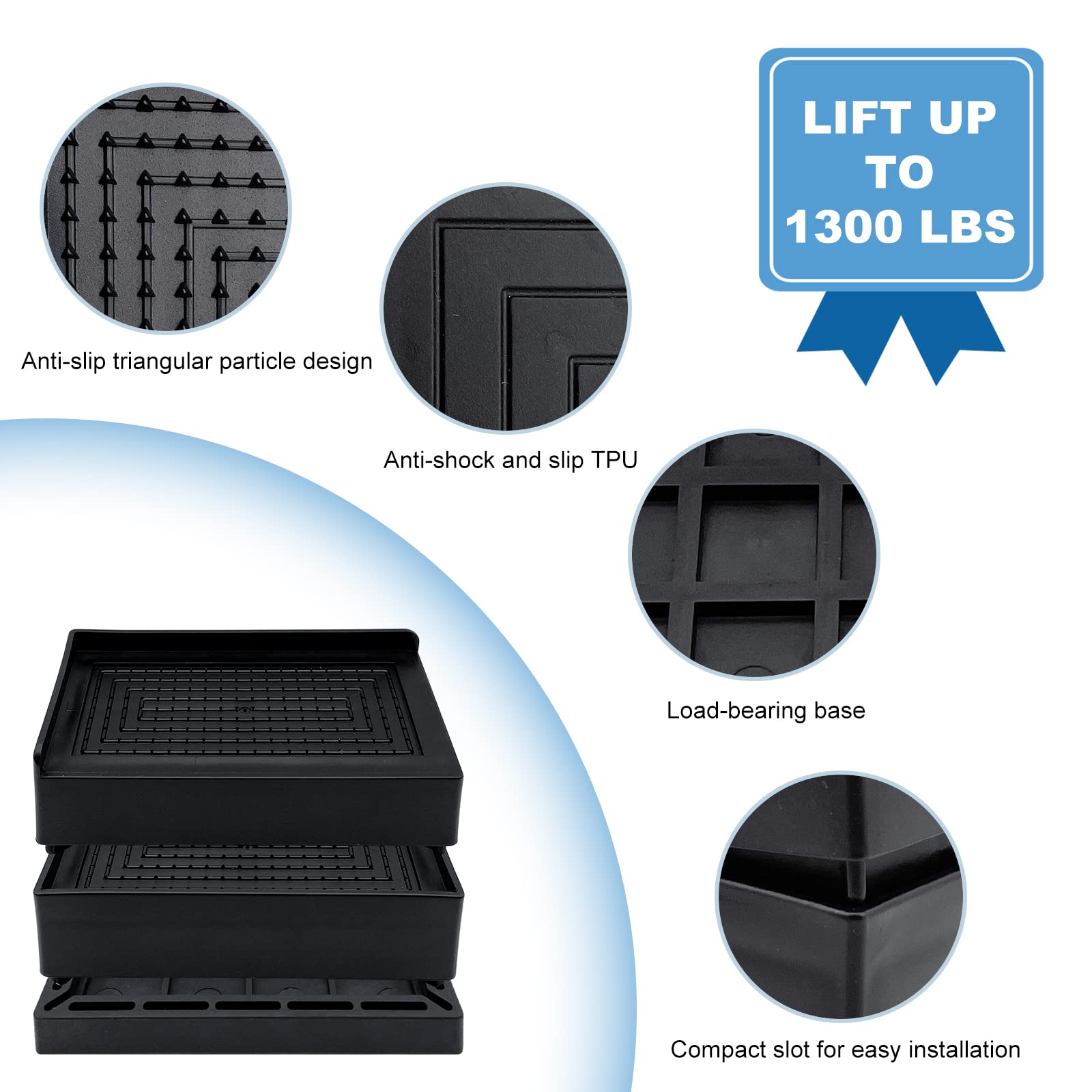 Jonhwi Bed Lifts Risers, Heavy Duty Furniture Elevator In Heights Of 2, 3 Or 4 Inch, Raising Blocks For Bed, Couch, Desk, Sofa, Tables, Headboard Stilts (Black, 4 Pack Set)