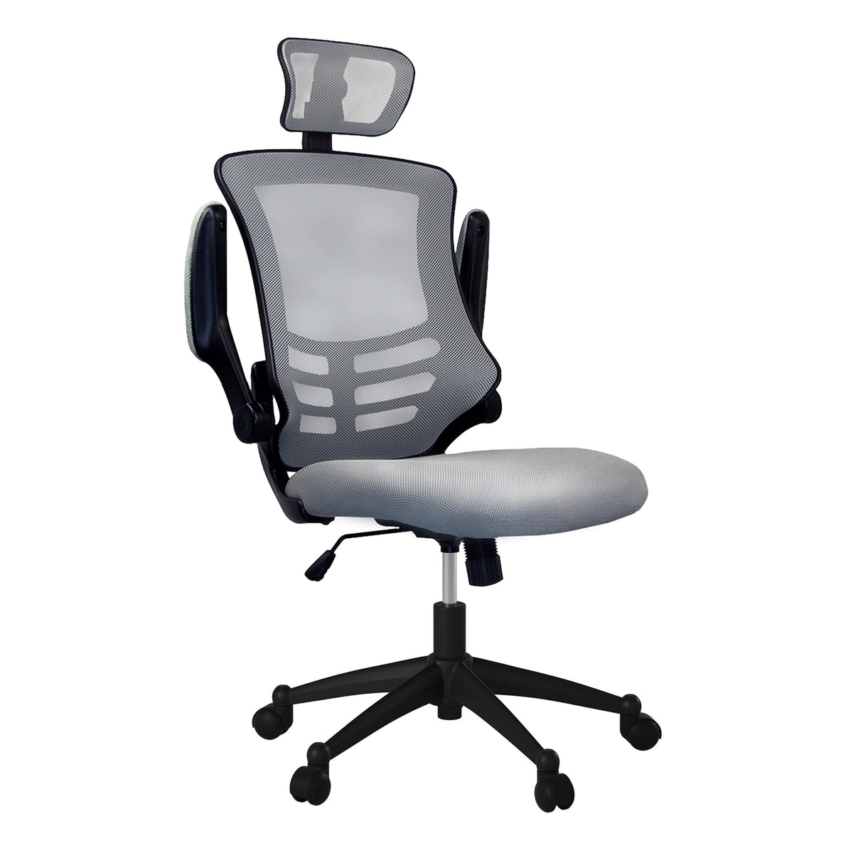 Modern High Back Mesh Executive Chair With Headrest And Flip Up Arms. Color: Silver Grey