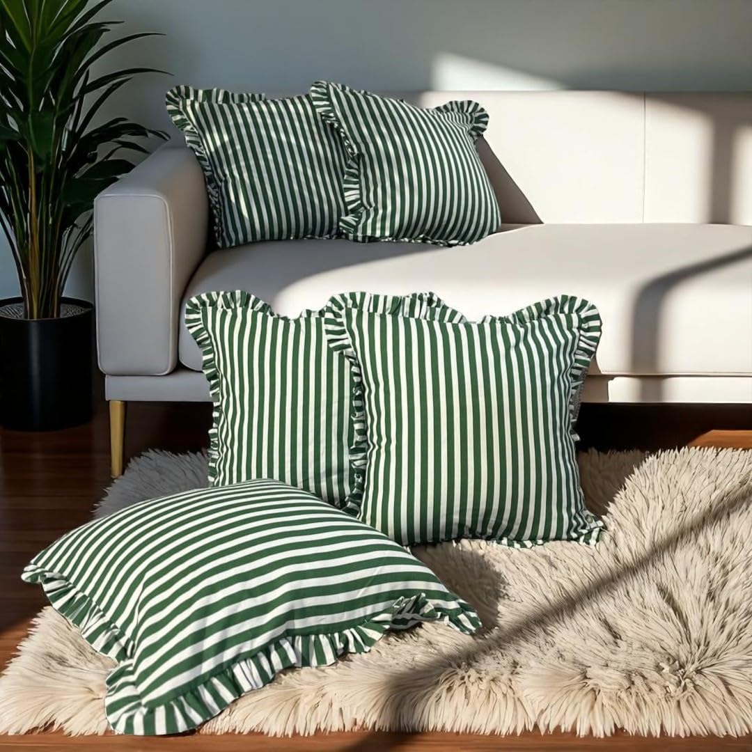 Lushlyf Palm Parade Ruffle Cushion Cover 18X18 Inch  Green & Cream Stripe Cotton Pillowcase With Frilled Edges & Piping  Soft,