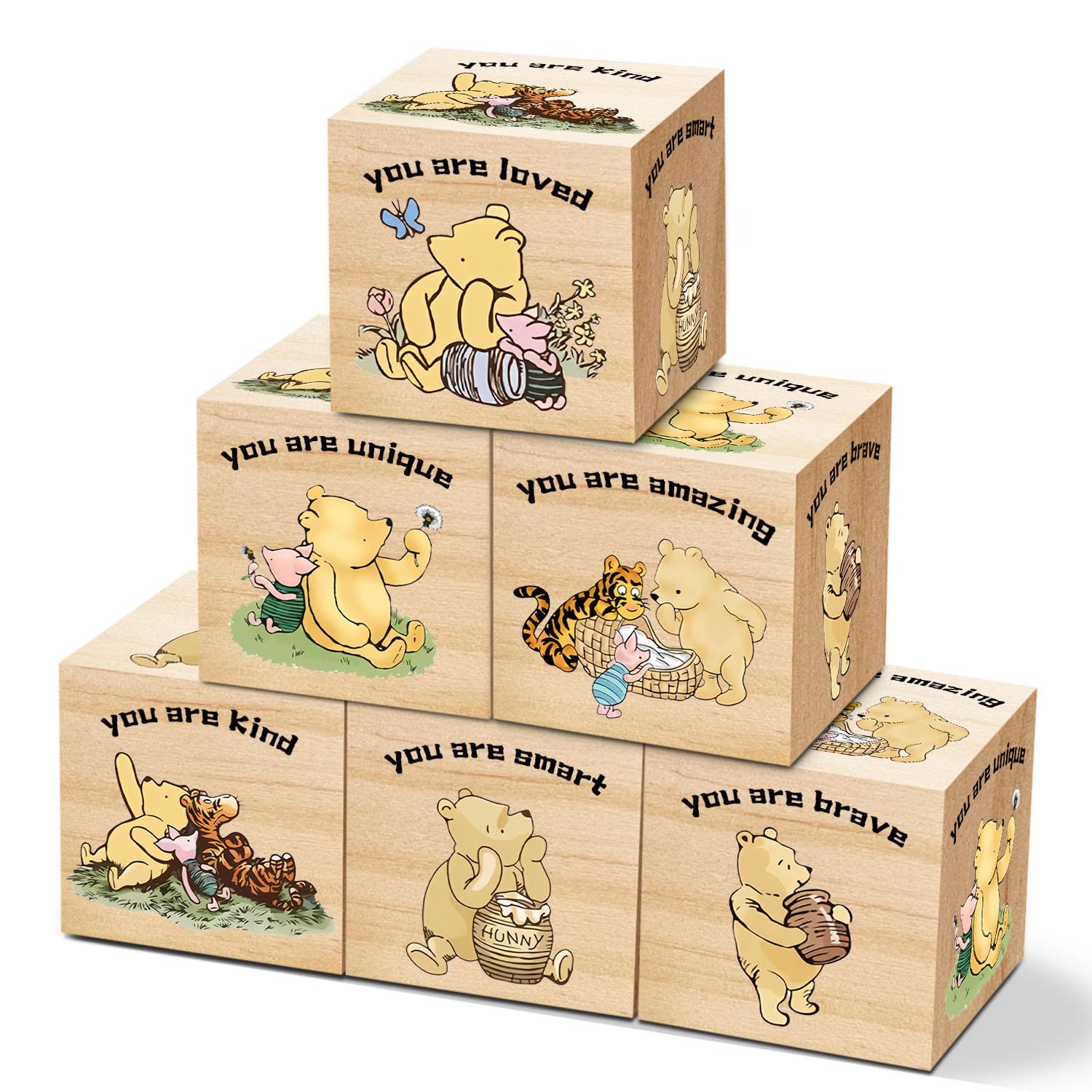 Tillfuru 6 Pcs Inspirational Winnie Nursery Decor for Girls and Boys Classic The Pooh Baby Table Wooden Decorations Winnie Baby 