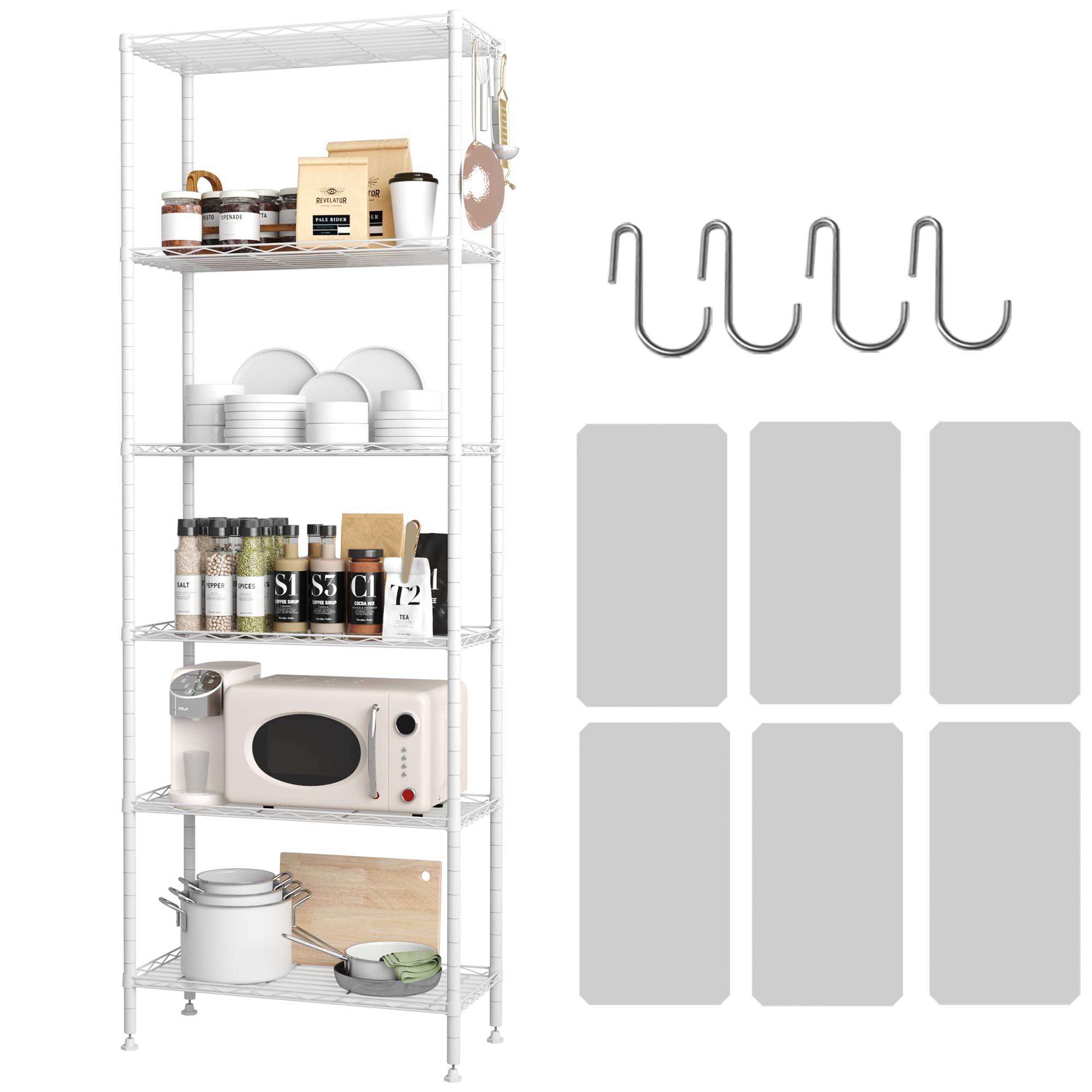 Homefort 6-Shelving Unit, Adjustable Wire Shelving, Metal Wire Shelf With Shelf Liners And Hooks For Kitchen, Closet, Bathroom, Laundry, White, 21' W X 11' D X 69' H