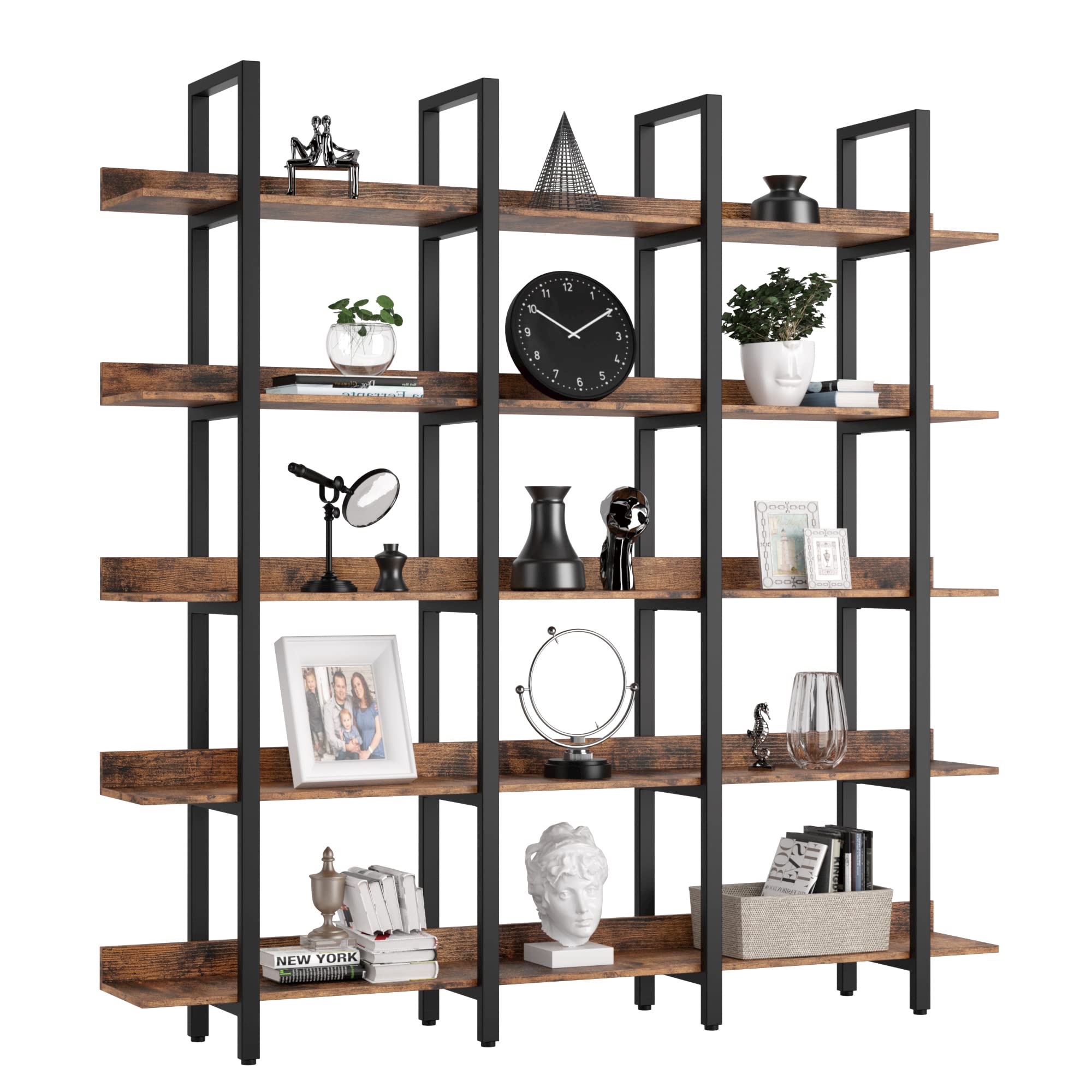 IRONCK Bookcase and Bookshelves Triple Wide 5 Tiers Large Open Shelves, Etagere Bookcases with Back Fence for Home Office Decor,