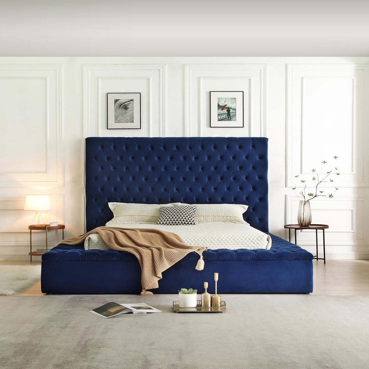 Better Home Products Velvet Tufted Upholstered Storage Platform (Blue, King)