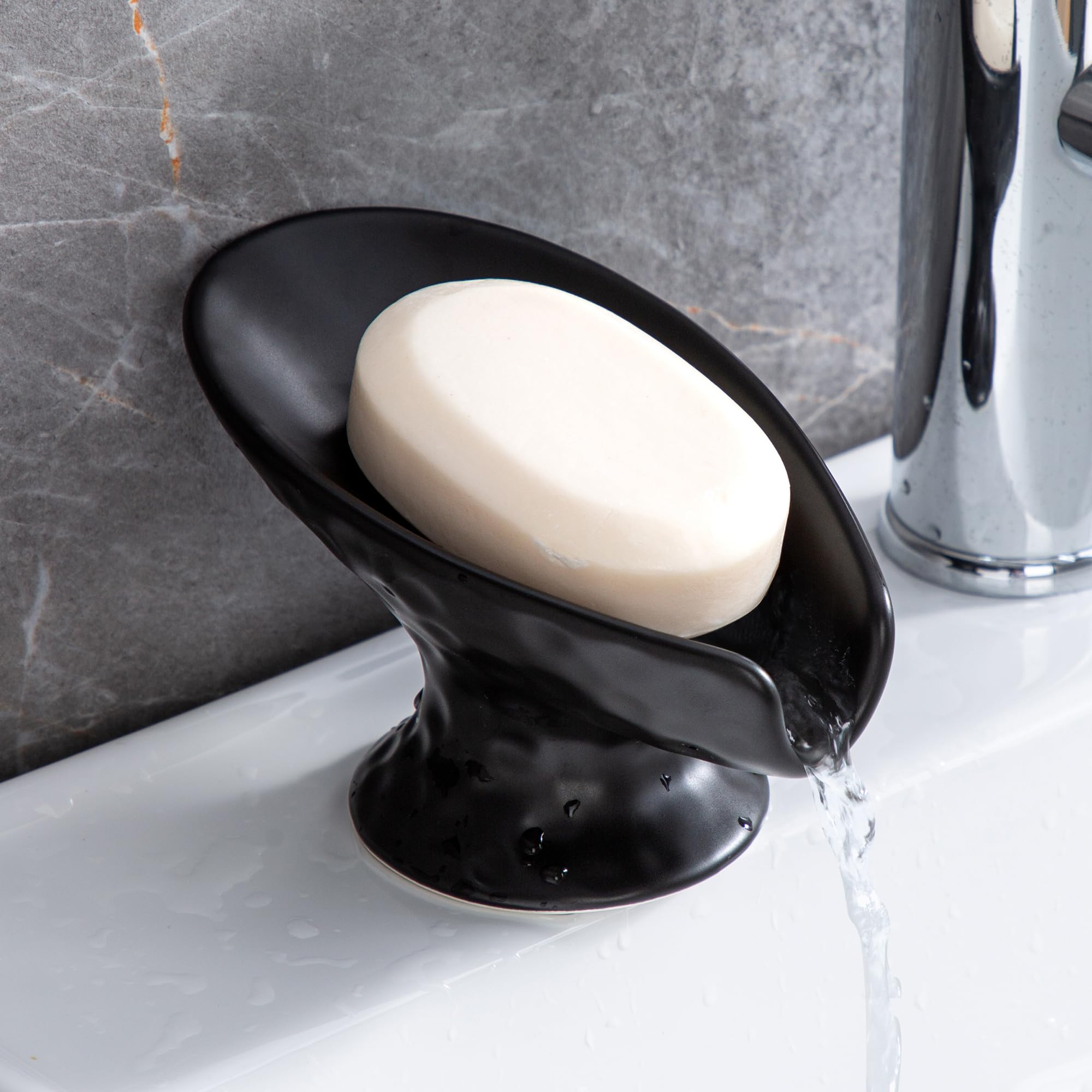 Self Draining Soap Dish,Shower Soap Holder,Black Ceramic Soap Dishes for Bathroom Kitchen Shower Keeps Soap Dry, Easy to Clean(M