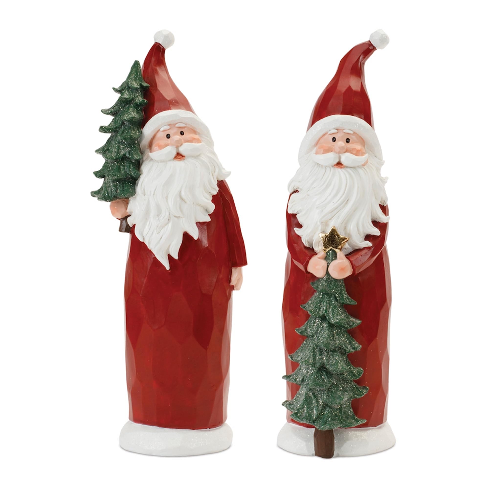 Melrose Carved Santa Christmas Figurines with Glittered Pine Tree - 15' - Set of 2