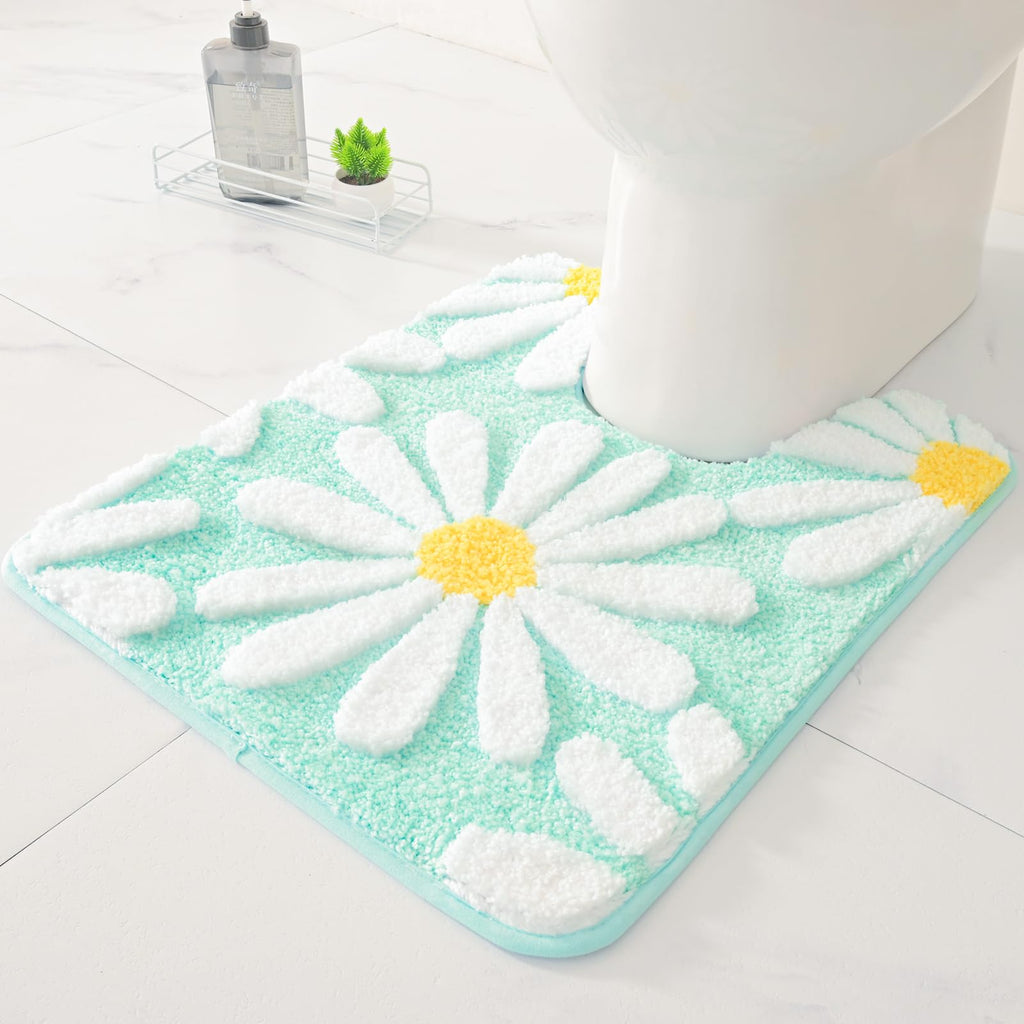 QJHOMO Toilet Rugs U Shaped, Green Toilet Mat Cute Daisy Contour Bath Rug 20''x24'', Extra Thick Soft Machine Washable Toilet Ca