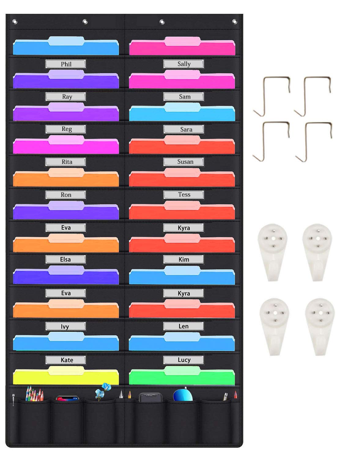 Hanging File Holder Organizer Rack, 20+6 Pocket File Folder, Wall Mounted, Heavy Duty 4 Hooks, Storage Mail, Letter, Key Holder,