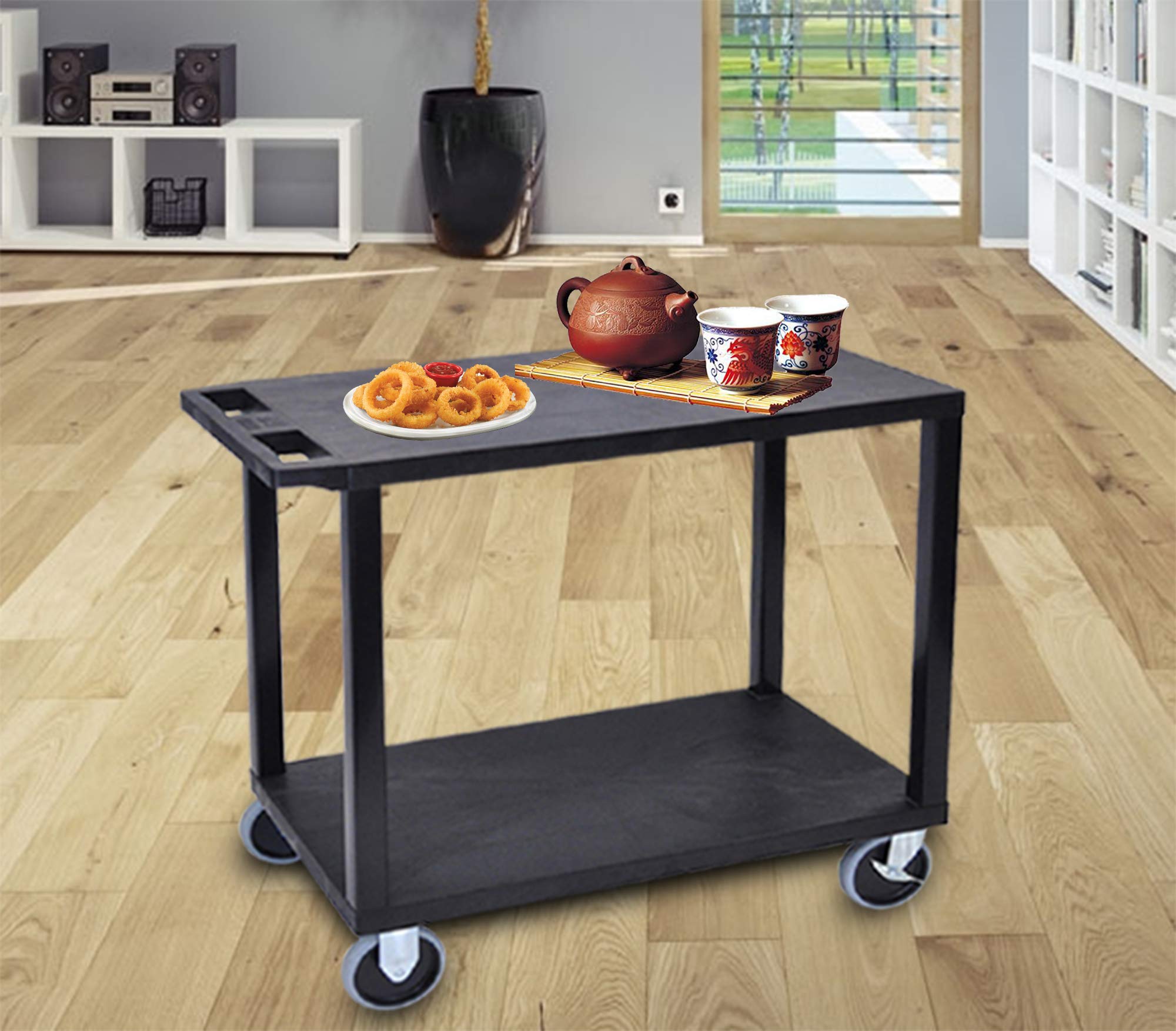 LUXOR EC22HD-B 32" x 18" Cart - Two Flat Shelves, Multipurpose Utility Cart, Four 5" Casters, Two Fixed Non-Locking Casters, Two Full-Swivel Casters with Locking Brake, 125 lbs. Per Shelf