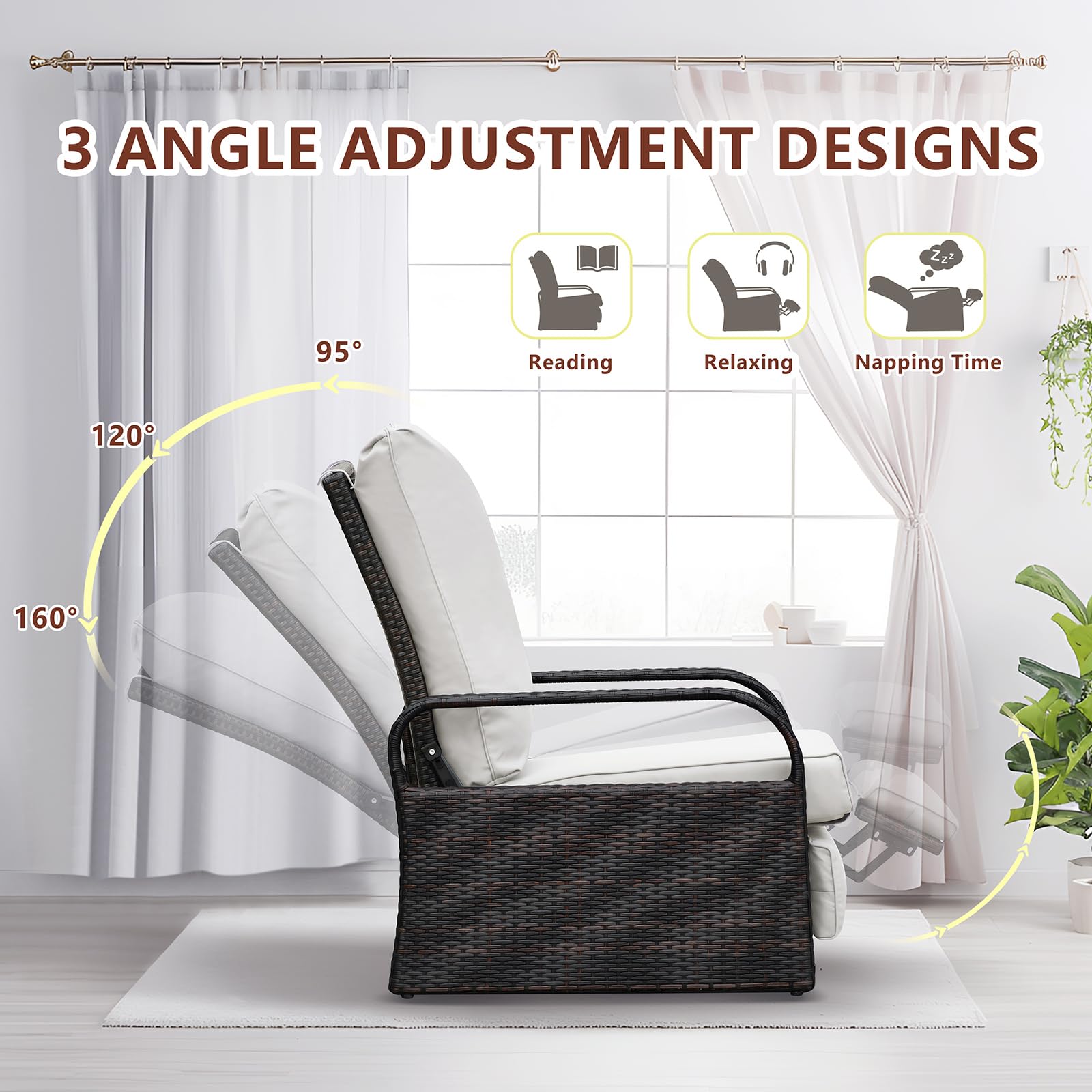 Art To Real Outdoor Recliner, Automatic Adjustable Wicker Lounge Recliner Chair With 5.12'' Thicken Cushion, All Weather Aluminum Frame, Brown Wicker + Beige Cushion