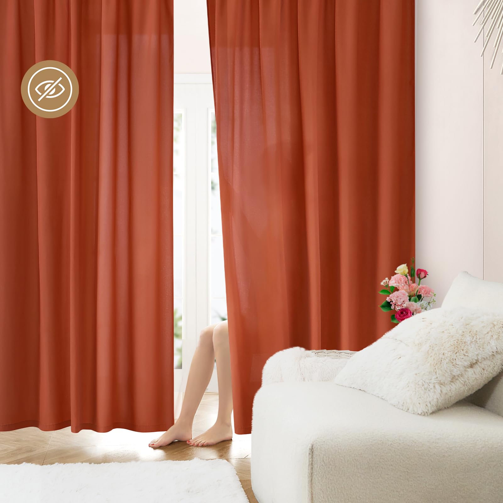 Homeideas Non-See-Through Burnt Orange Privacy Sheer Curtains 52 X 45 Inches Long 2 Panels Sheer Curtains Light Filtering Window Curtains Drapes For Bedroom Living Room