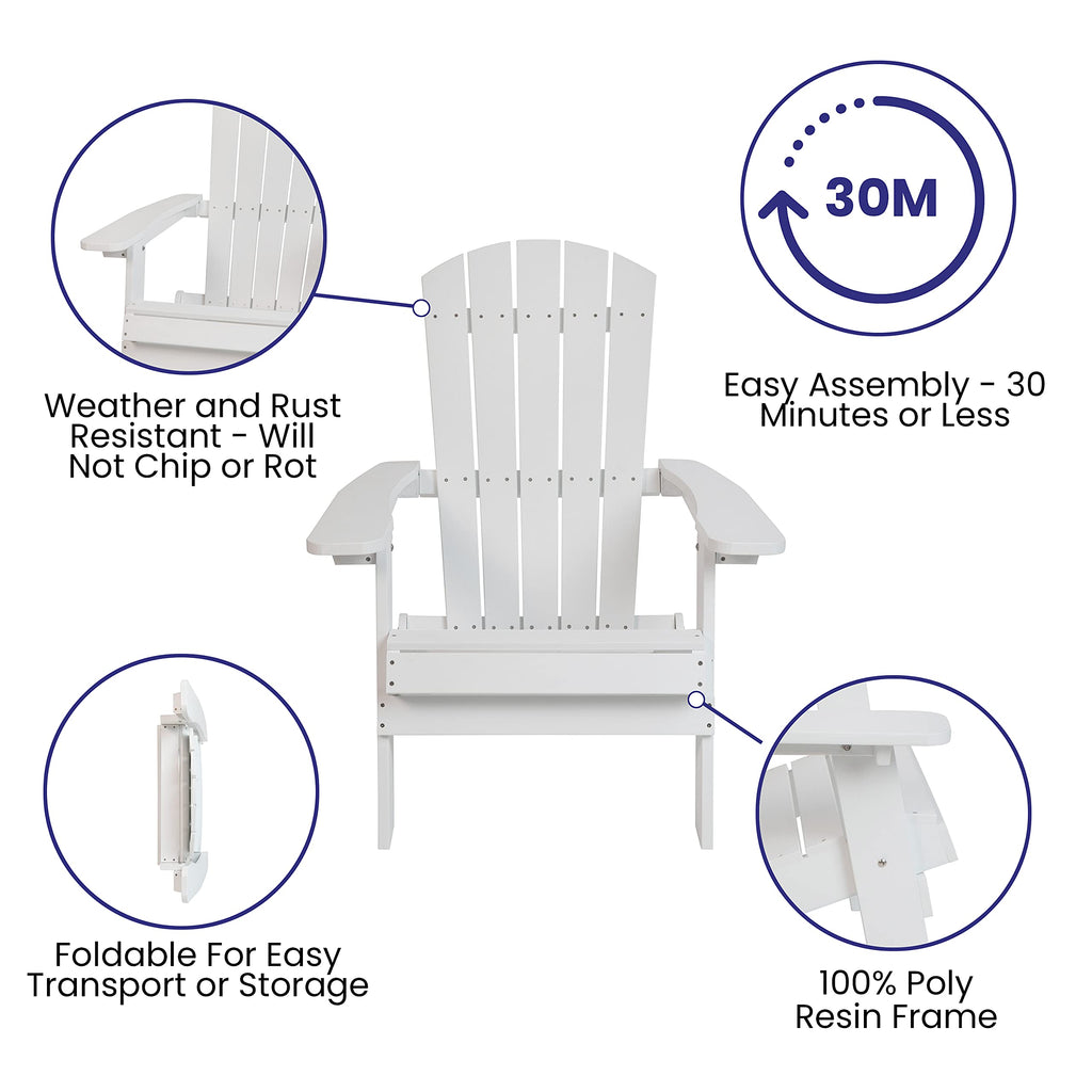 Flash Furniture Charlestown Commercial Folding Adirondack Chair - White - Poly Resin - Indoor/Outdoor - Weather Resistant