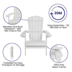 Flash Furniture Charlestown Commercial Folding Adirondack Chair - White - Poly Resin - Indoor/Outdoor - Weather Resistant