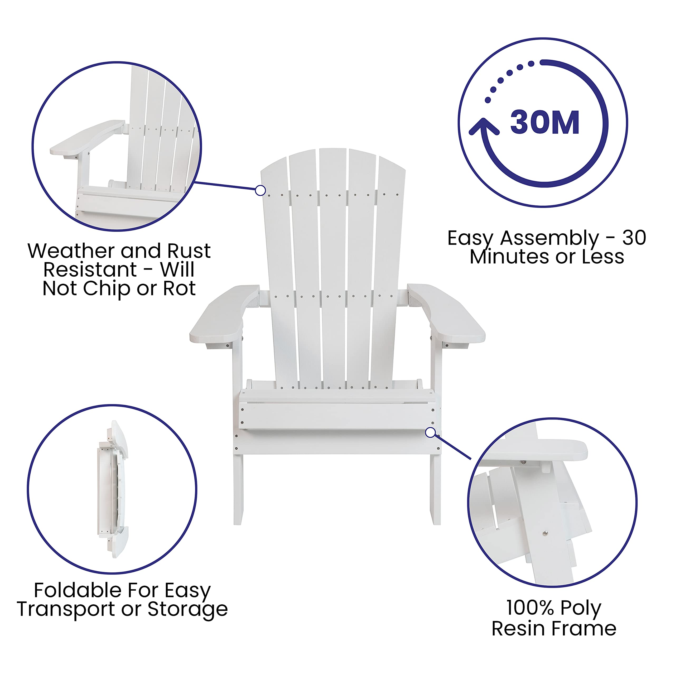 Flash Furniture Charlestown Commercial Folding Adirondack Chair - White - Poly Resin - Indoor/Outdoor - Weather Resistant