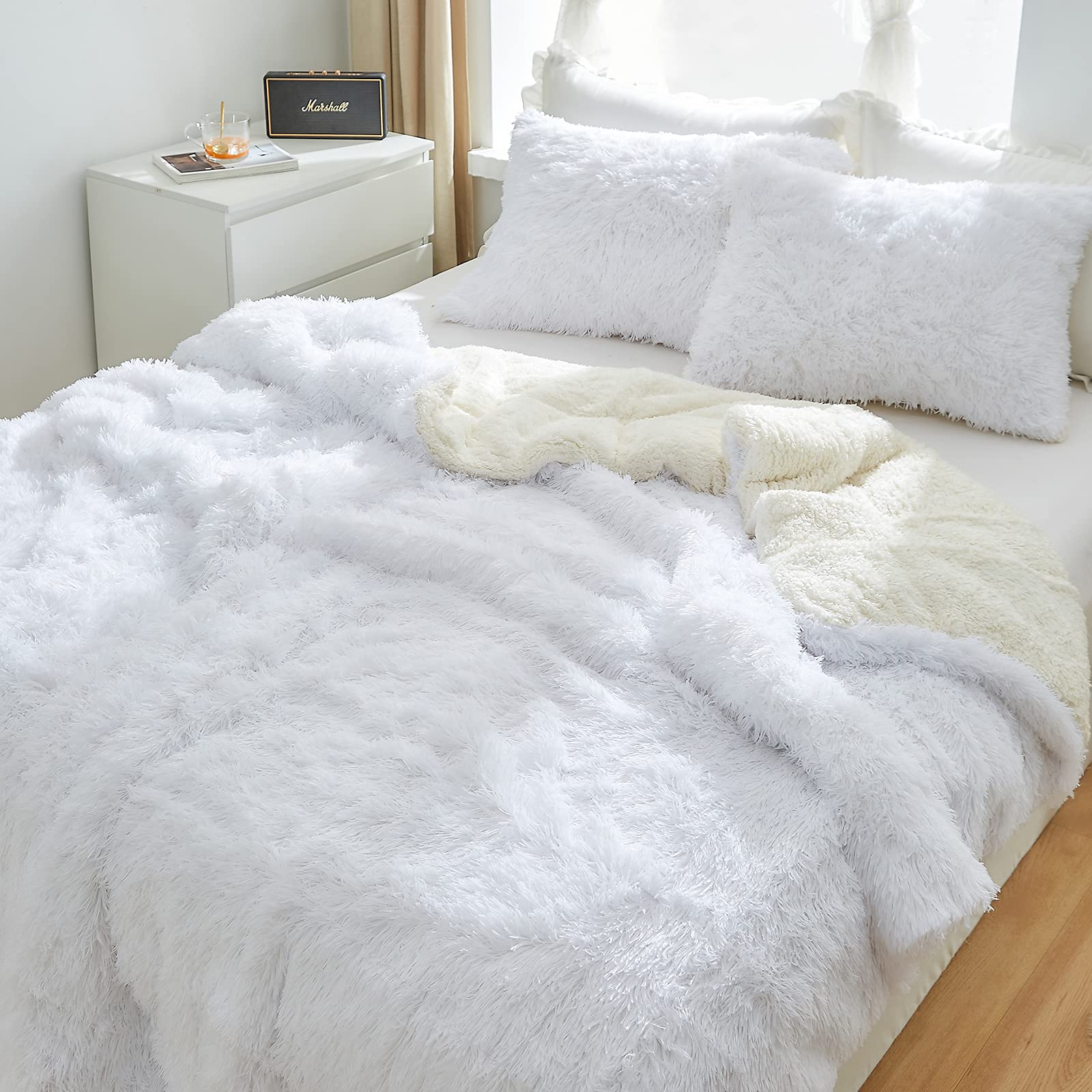 Luxury Faux Fur King Size Winter Comforter Set Shaggy Velvet Pure White Long Hair, 3 Pieces Plush Flannel Sherpa Backing Reversi
