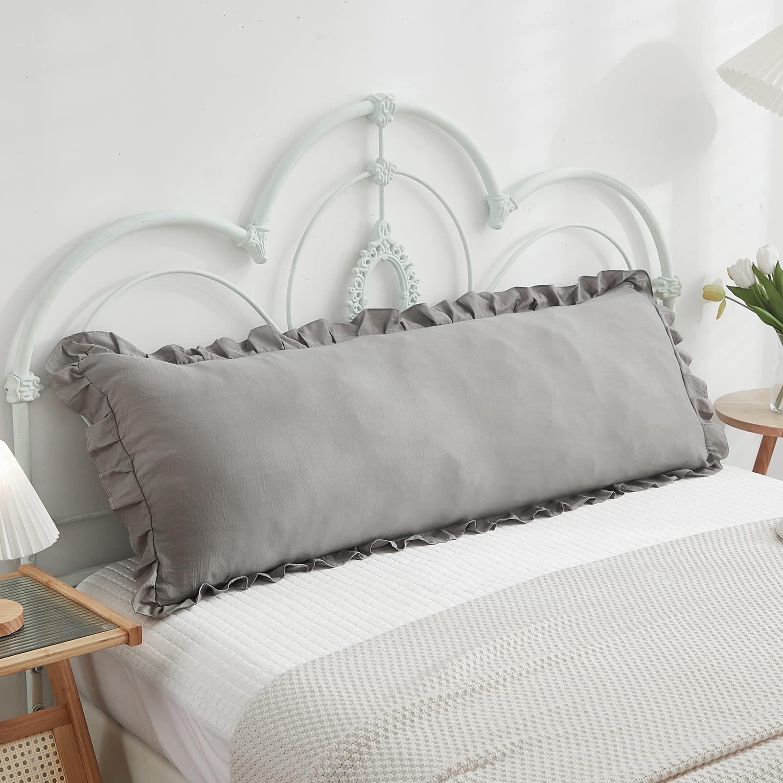 Light Gray Body Pillow Cover 20X54Inches Long Pillowcase Grey Ruffled Pillowcase Shabby Chic Ruffled Fringe Decor Body Ruffled P