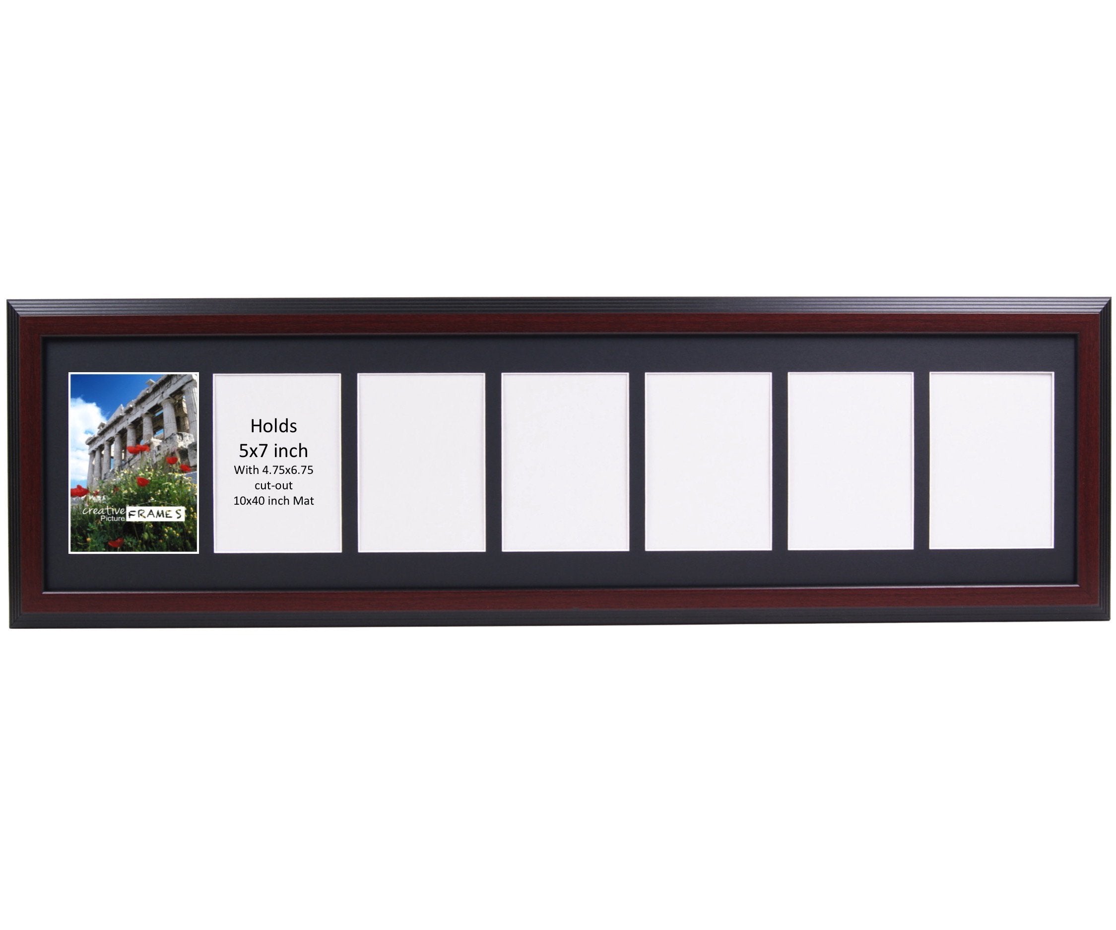 CreativePF 7 Opening Mahogany Picture Frame with Glass to hold 5 by 7 inch Photographs including 10x40-inch Black Mat Collage