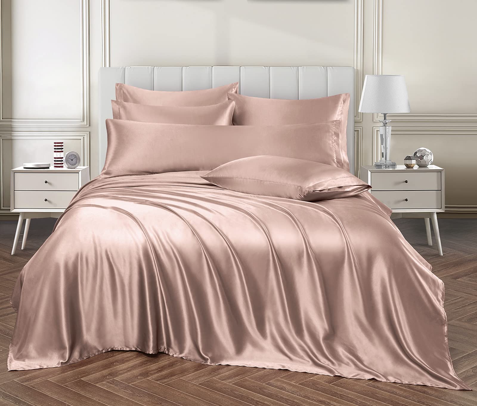 Ersmak 7 Pieces Satin Sheets Set California King Size, Luxury Silky Champagne Satin Bed Sheets Set With 1 Deep Pocket Fitted She