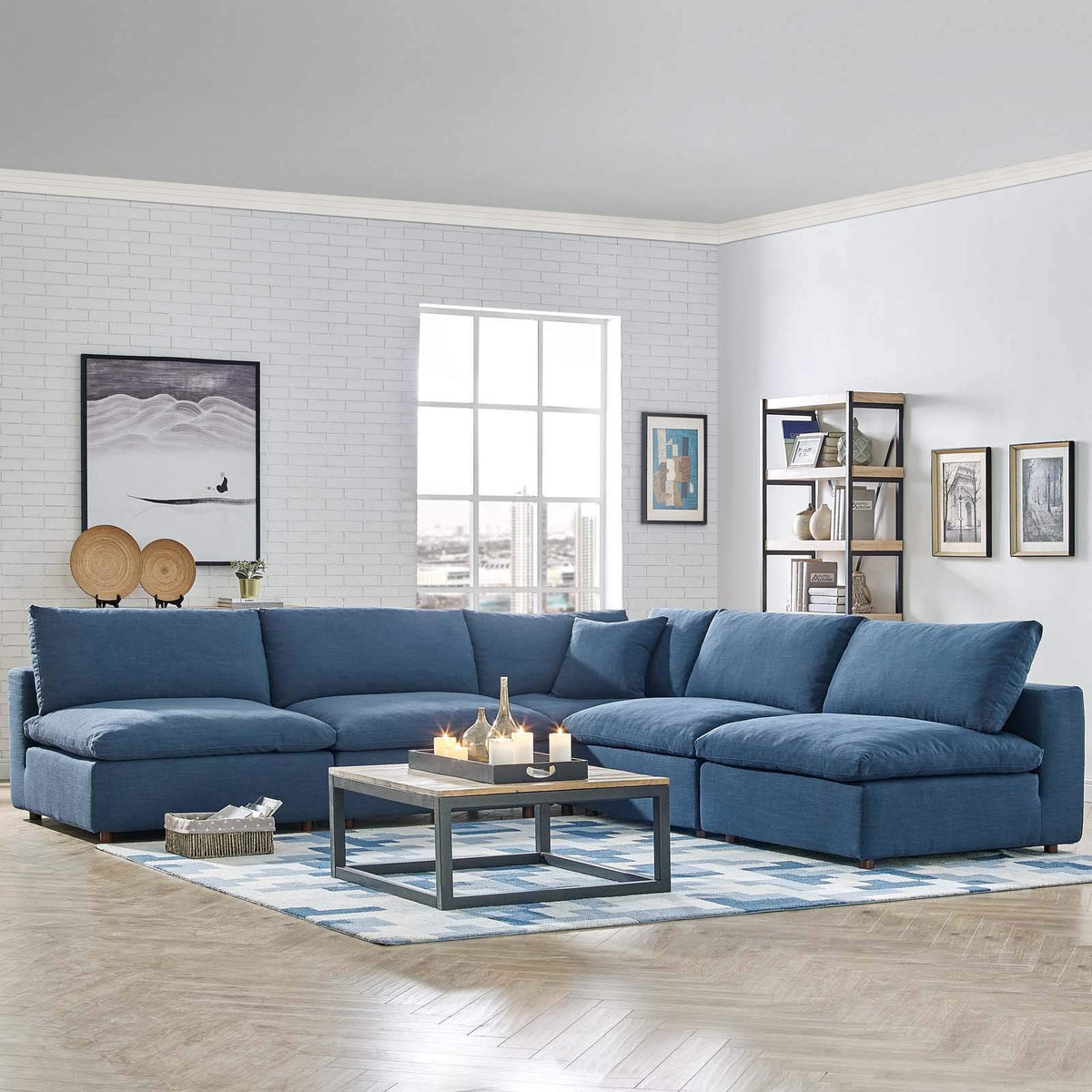 Modway Commix Down Filled Overstuffed 5 Piece Sectional Sofa Set, Corner Chair/Four Armless Chairs, Azure