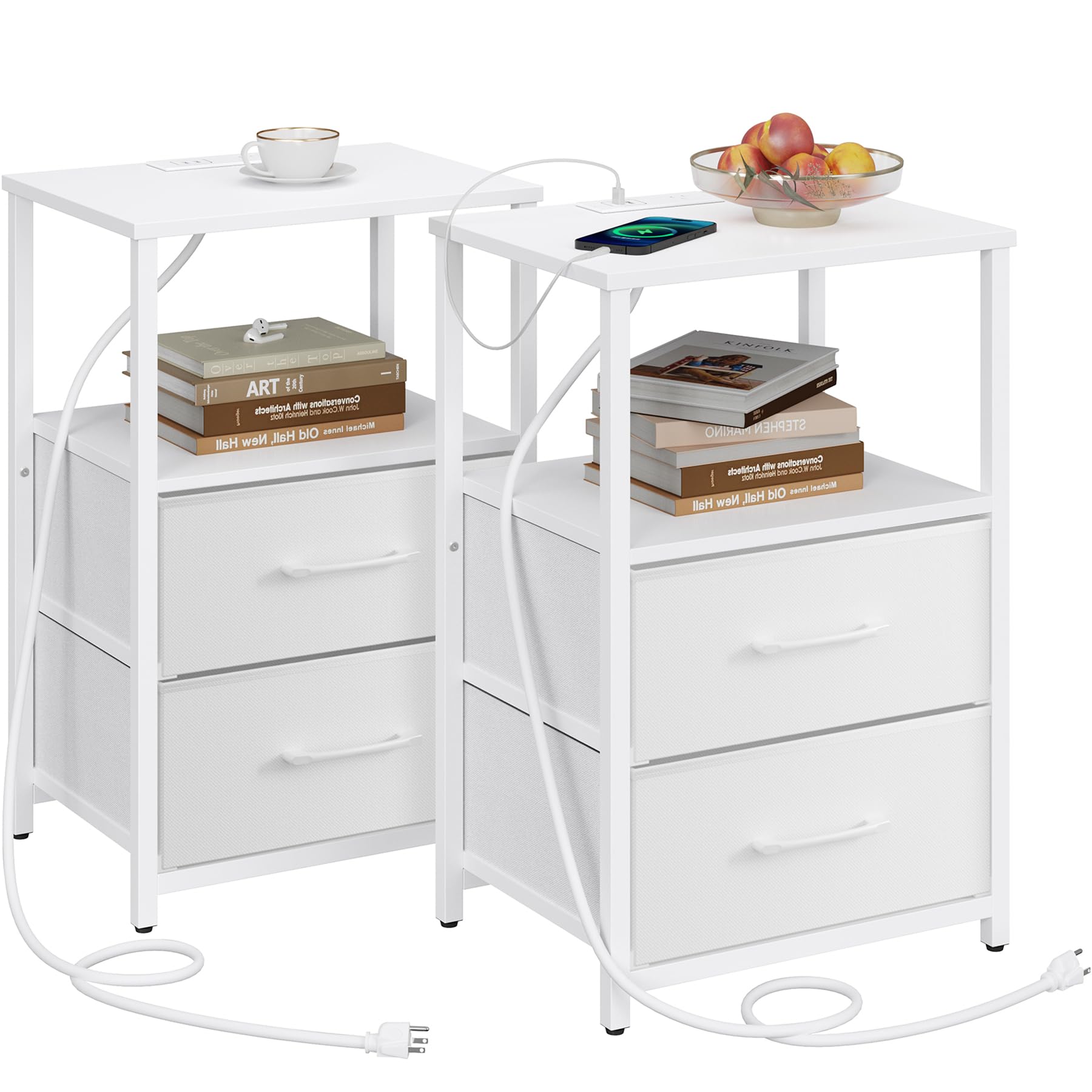 Tutotak End Table With Charging Station, Side Table With 2 Usb Ports And Outlets, Nightstand With Cloth Drawer, Set Of 2, Couch Table, White Tb01Bw052