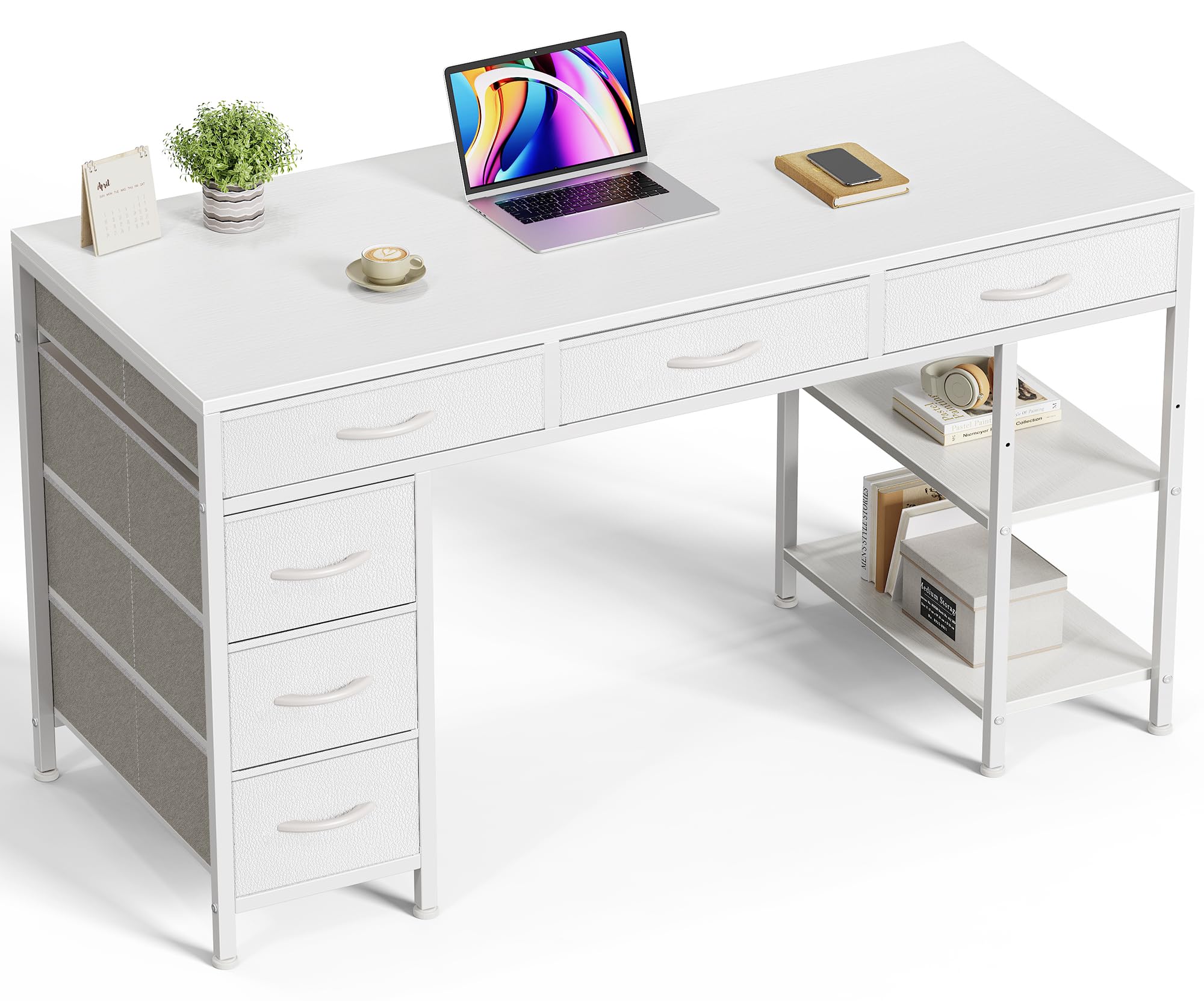 Huuger Computer Desk With 6 Drawers, 47 Inch Office Desk With Shelves, Reversible Gaming Desk, Corner Desk With Storage, Work Desk For Home Office, Study, Living Room, White